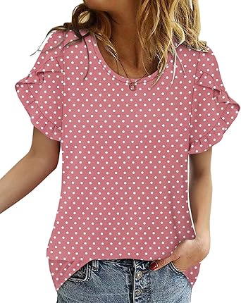 CRAZY GRID Women's Shirts Summer Casual Crewneck Ruffle Short Sleeve Blouses Cute Floral Print Tunic Tops