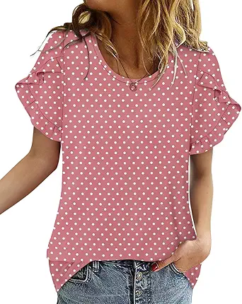 CRAZY GRID Women's Shirts Summer Casual Crewneck Ruffle Short Sleeve Blouses Cute Floral Print Tunic Tops