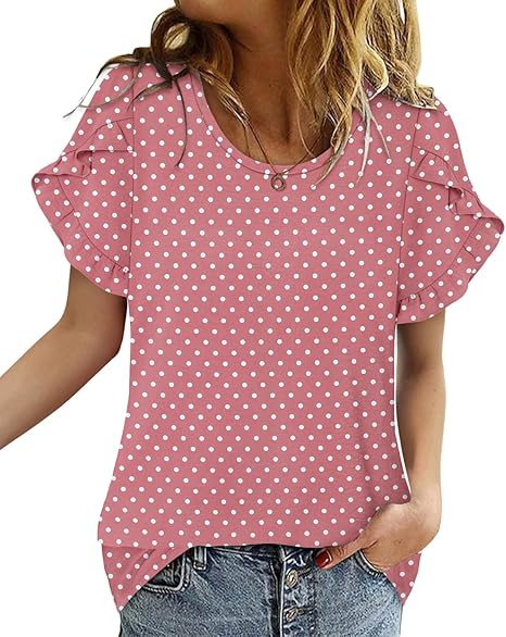 CRAZY GRID Women's Shirts Summer Casual Crewneck Ruffle Short Sleeve Blouses Cute Floral Print Tunic Tops