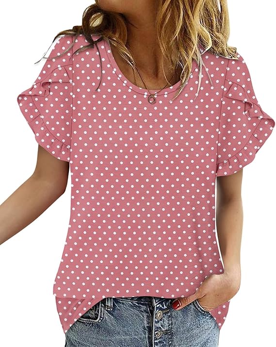 CRAZY GRID Women's Shirts Summer Casual Crewneck Ruffle Short Sleeve Blouses Cute Floral Print Tunic Tops