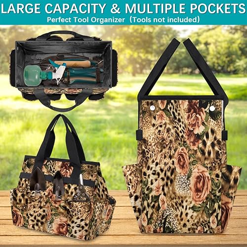 Miniatura 4 de Rose Leopard Print Garden Tool Tote Bag for Women Men Gardening Tool Storage Bags with 10 Pockets Standable Garden Home Tool Kits Organizer for