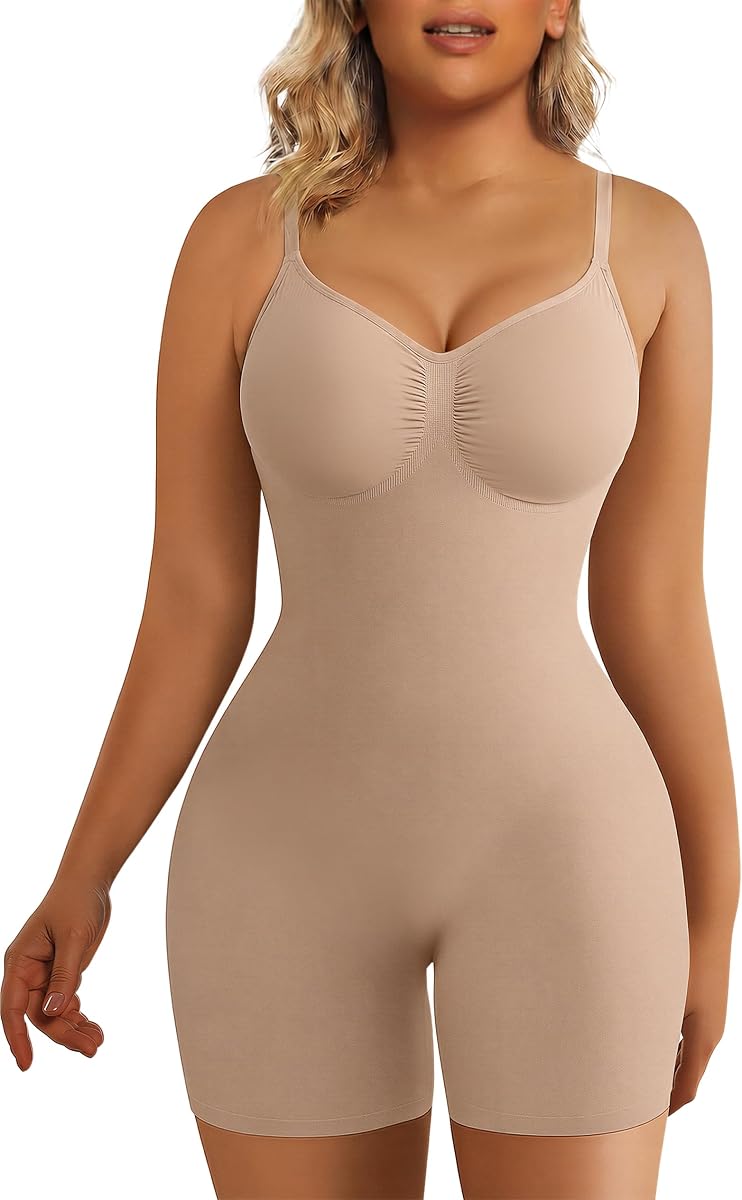 SHAPERX Shapewear para mujer Body con control de barriga, pantalones cortos moldeadores de cuerpo a mitad del muslo para una apariencia levantada