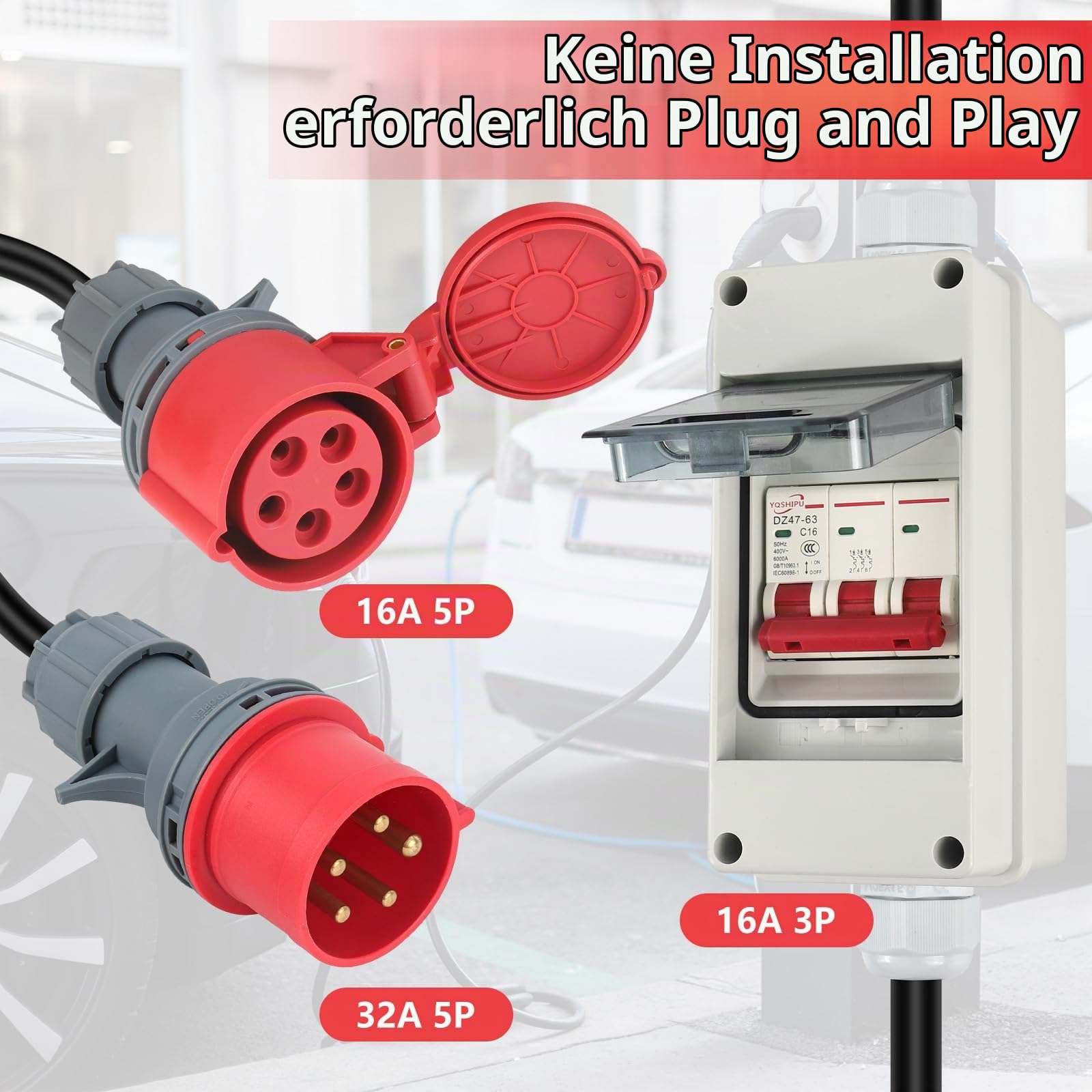 CEE Adapter, 32A auf 16A Adapter mit Leitungsschutzschalter, 5-Poliger 400V Kupplung Starkstrom Adapter, IP 44, CEE Verlängerungskabel 1 M