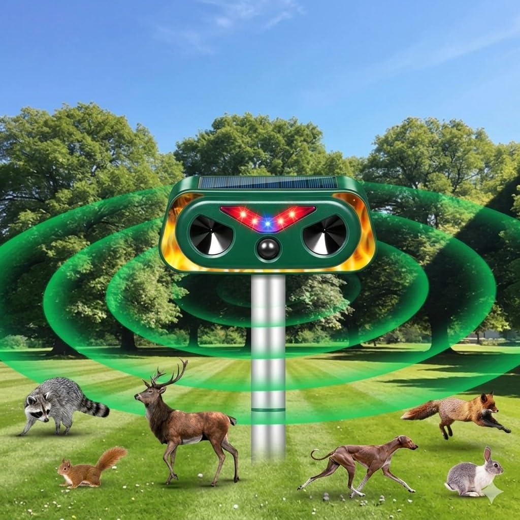 Ultrasonic Cat Repellent for Gardens UK, Solar & USB Fox Deterrent with PIR Sensor, 2 Modes IP65 Waterproof Cat Scarer. Deters Dogs, Squirrels, Deer, Rabbits, Birds. Ideal Outdoor Deterrent.