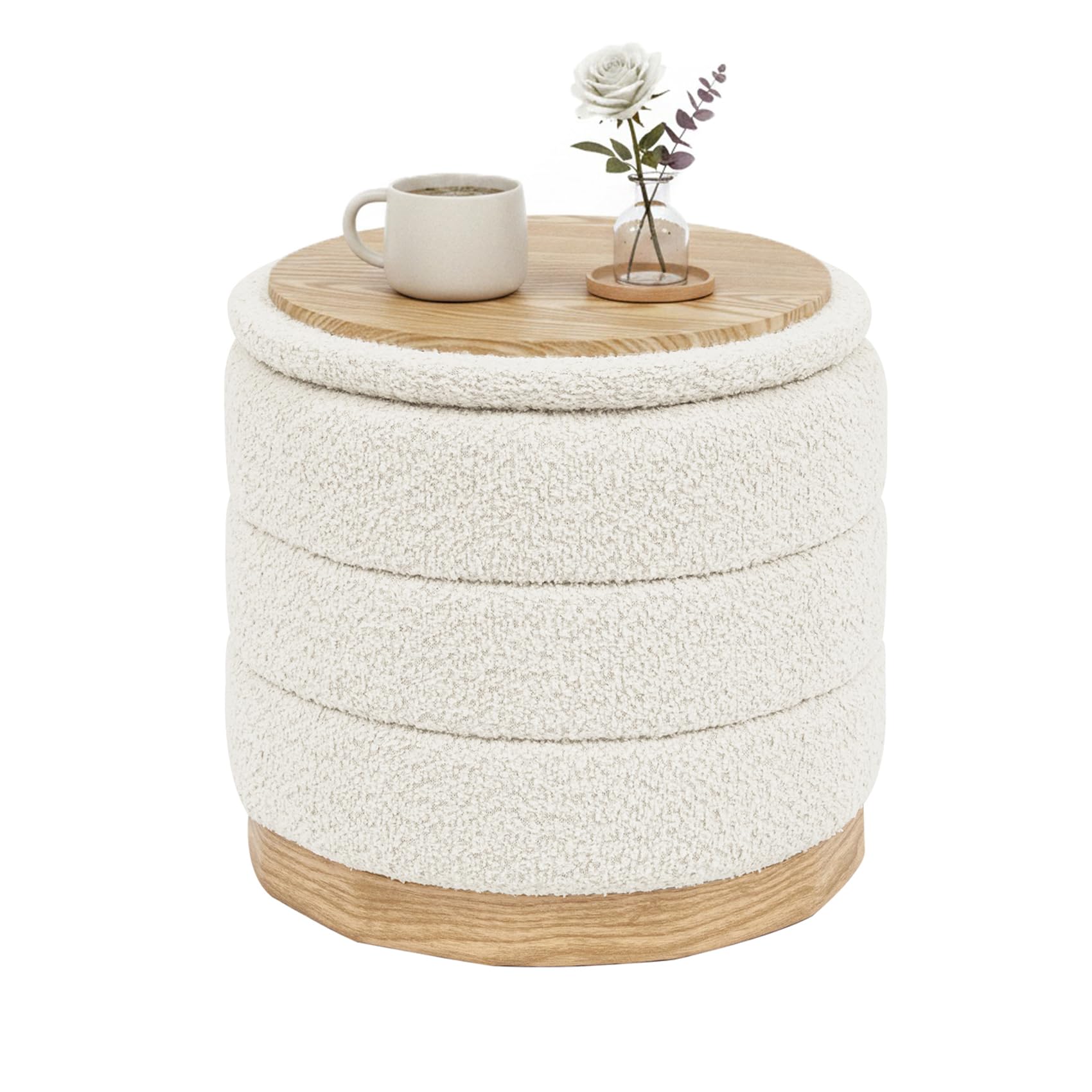 Bonlife Pouf avec rangement et plateau, Pouf rond pliable, Banc de pieds pour salon, chambre à coucher, couloir, Chenille, Socle en similicuir à motif bois, Blanc, 39X39X37 cm
