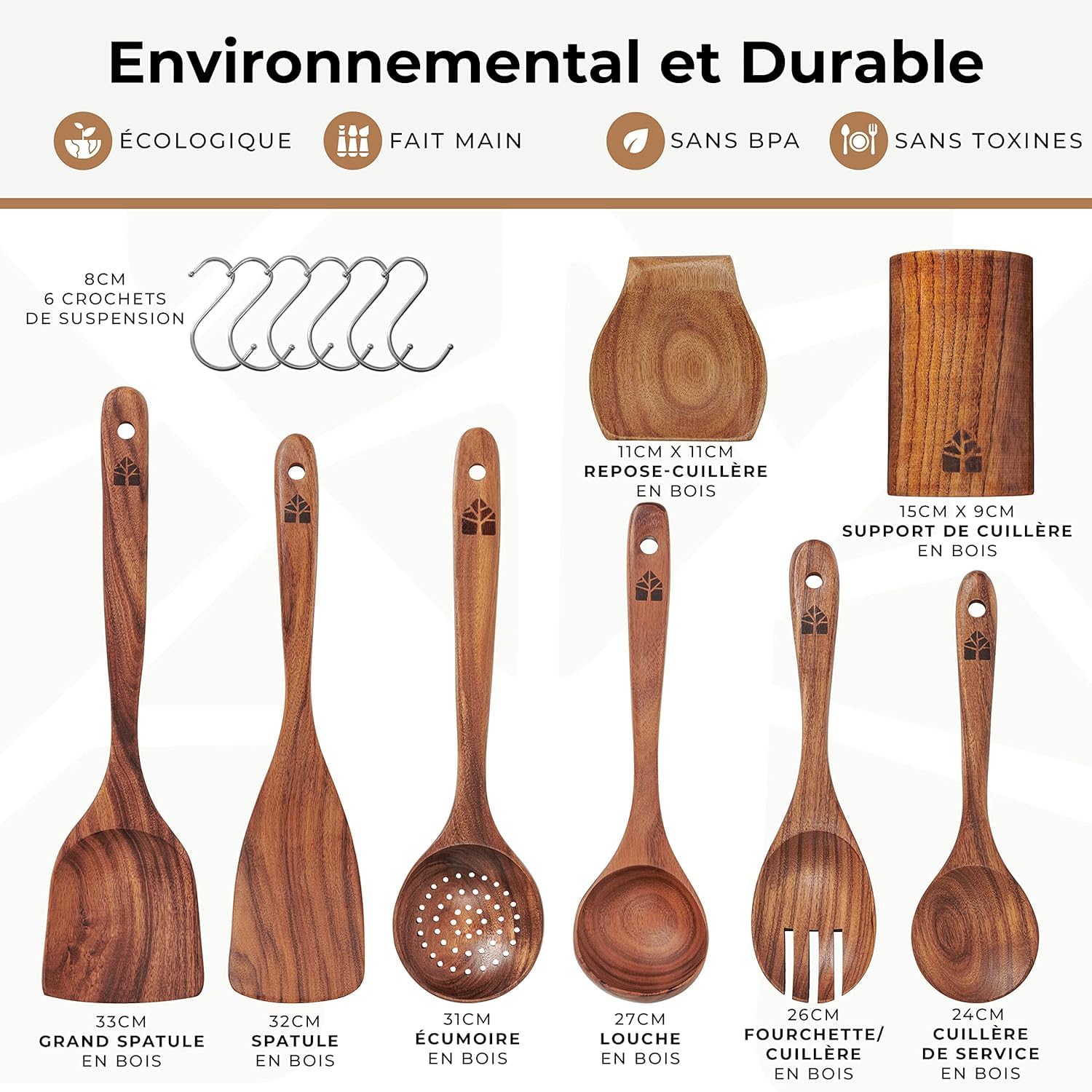 Ustensiles en Bois de Teck avec Support et Repose Cuillère - Cuillères et Spatule pour la Cuisine - Naturels et Sains Antiadhésifs - Ensemble 13 Pièces