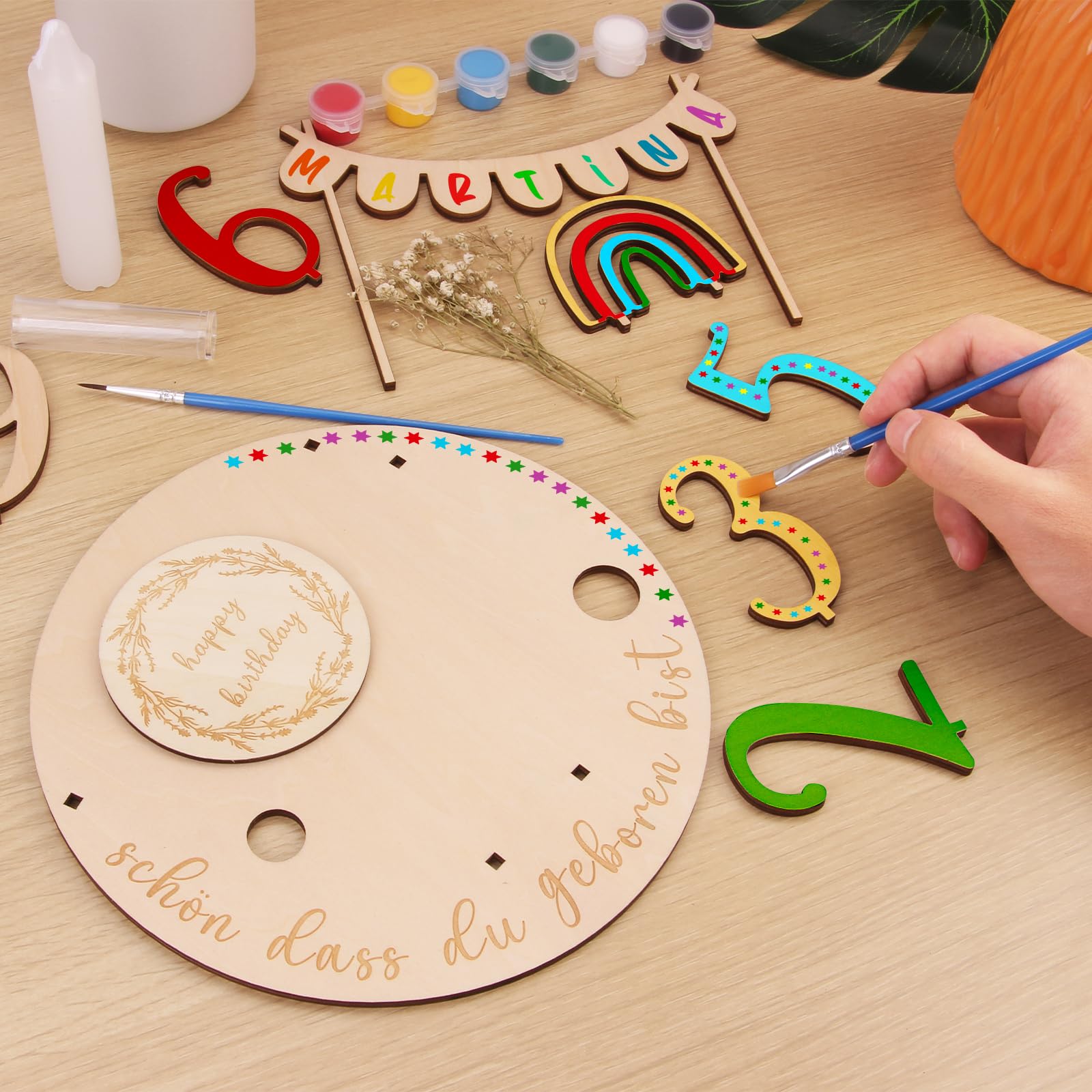 Personalisiertes Geburtstagsteller Set - Holz Teller Mit Zahlen & Deko Zum Bemalen