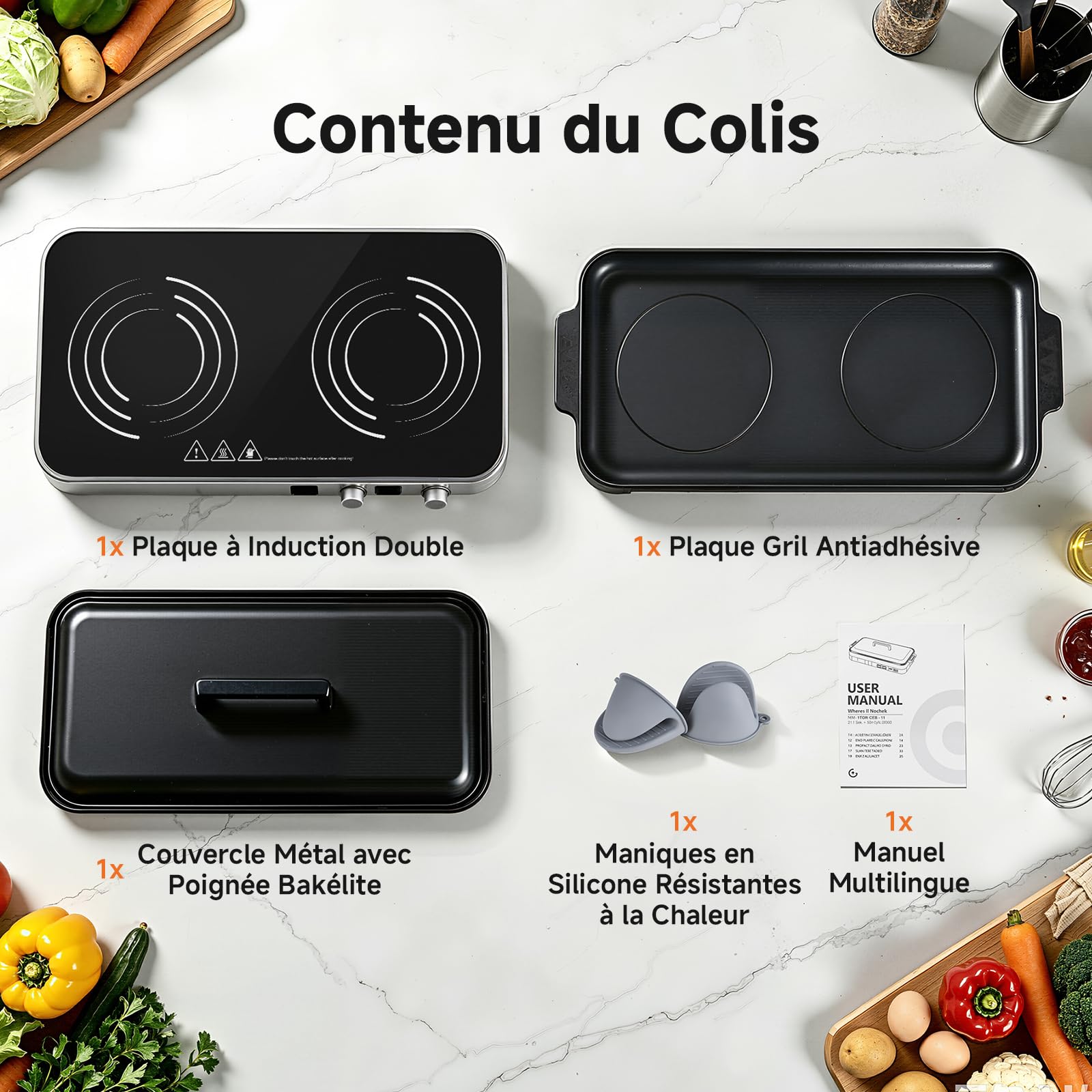 AMZCHEF 3000W Plaque à Induction 2 Feux, Plaque Induction Double Portable avec Plaque de Gril Amovible, 9 Niveaux de Puissance/Température, pour BBQ d'intérieur et Camping-car, Gris Fer