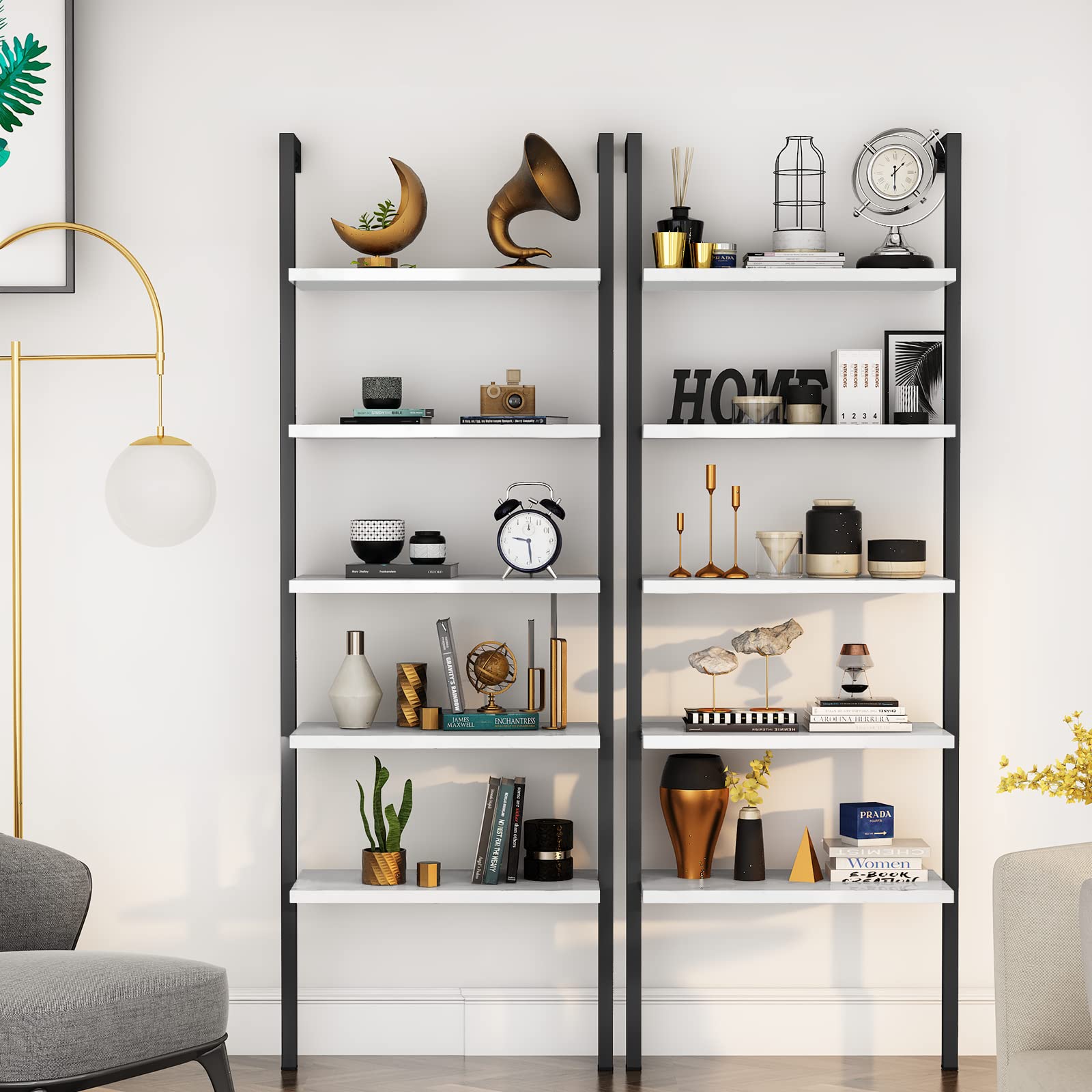 AWQM 2pcs Modern Ladder Shelf,5-Tier Wall Mounted Bookshelf Bookcase with Metal Frame/Wooden Open Display Storage Shelves for Home Office,Black+White