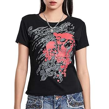 Womens Y2k Skull Graphic Print Crop Tops 90s Vintage