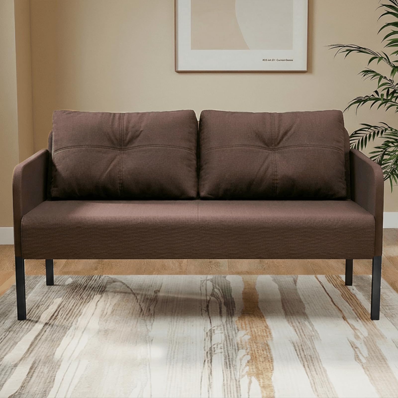 Fabulcozy,Divano 2 Posti, Piccolo Divano in Llino con Tasche Laterali, Struttura in Legno e 4 Gambe Metalliche,Iinclude 2 Cuscini, Facile Montaggio, Salvaspazio per Soggiorno o Appartamento(Marrone)