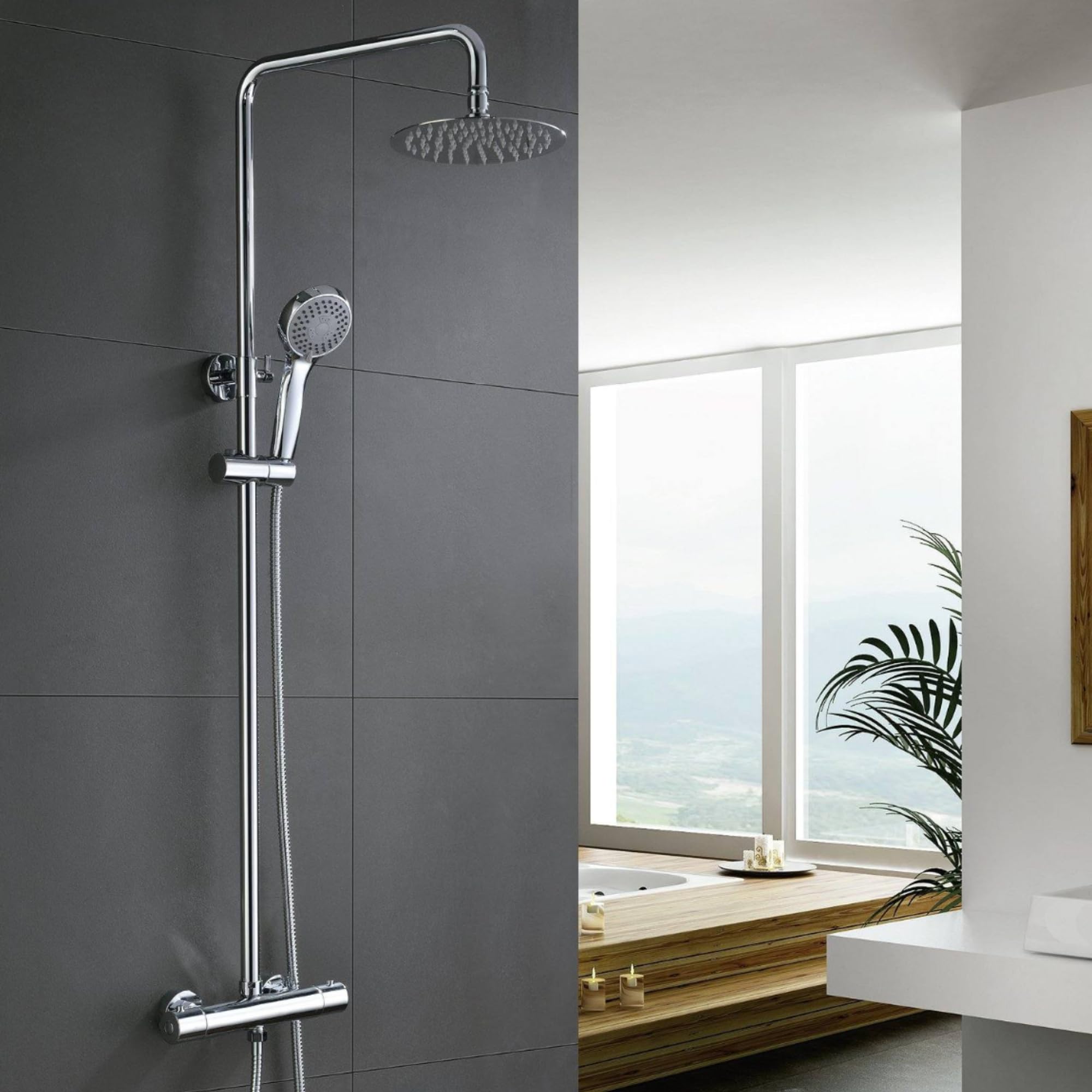 IMEX - Columna Ducha Termostatica con Grifo | Conjunto de Ducha con Alcachofa y Rociador Antical Efecto Lluvia | Griferia en Latón y Acero Inox S.304 con Barra Extensible Cromada | Serie Londres