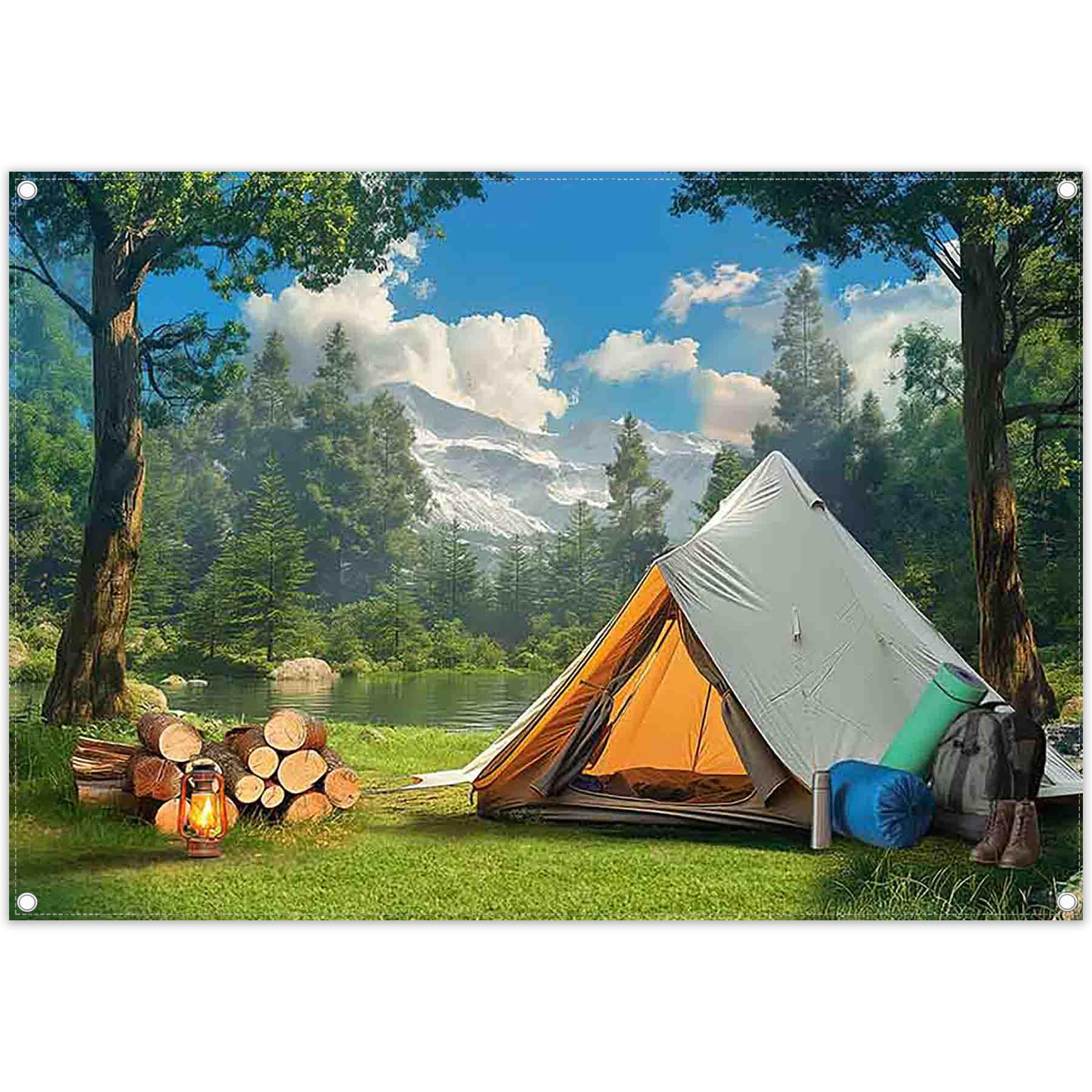 Swepuck 7x5ft Fabric Camping Backdrop Wild Forest Natural Scenery Tent Mountain Lake Photography Background Outdoor Adventure Party Decorations Photo