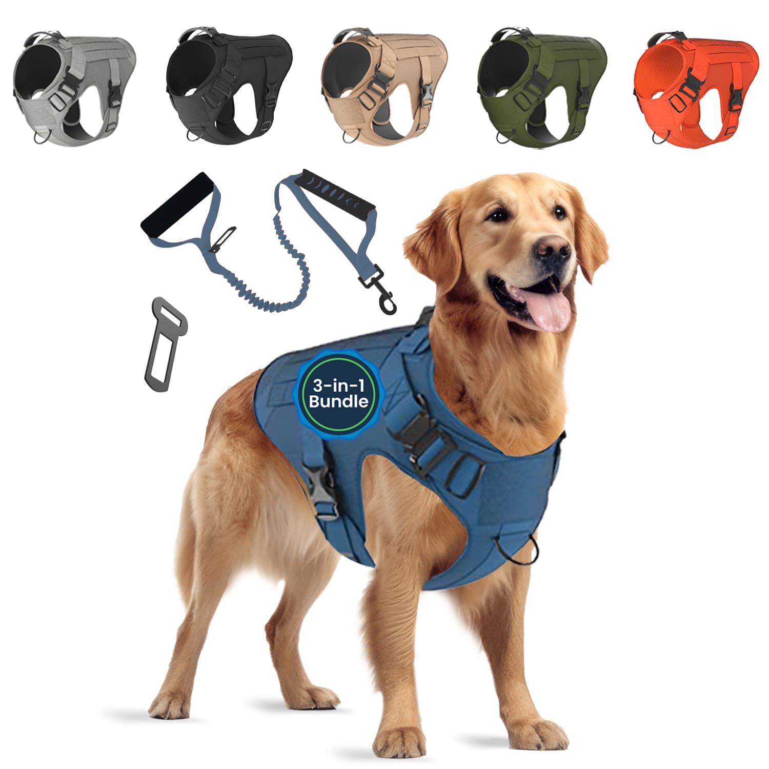 Adjustable Tactical Dog Harness & Leash Set - No-Pull MOLLE Vest with Handle, Front Leash Clip, Hook & Patch - Perfect for Small to Large Dogs (M: