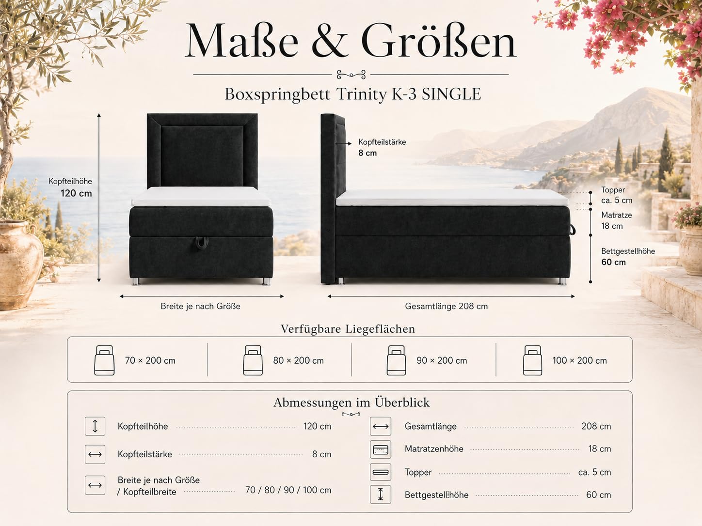 Trinity K3 EinzelBett | Boxspringbett70x200 mit Bonell Federkernmatratze 70x200 | Bett mit Matratze | Bett mit Stauraum | Lieferung an die Bordsteinkante