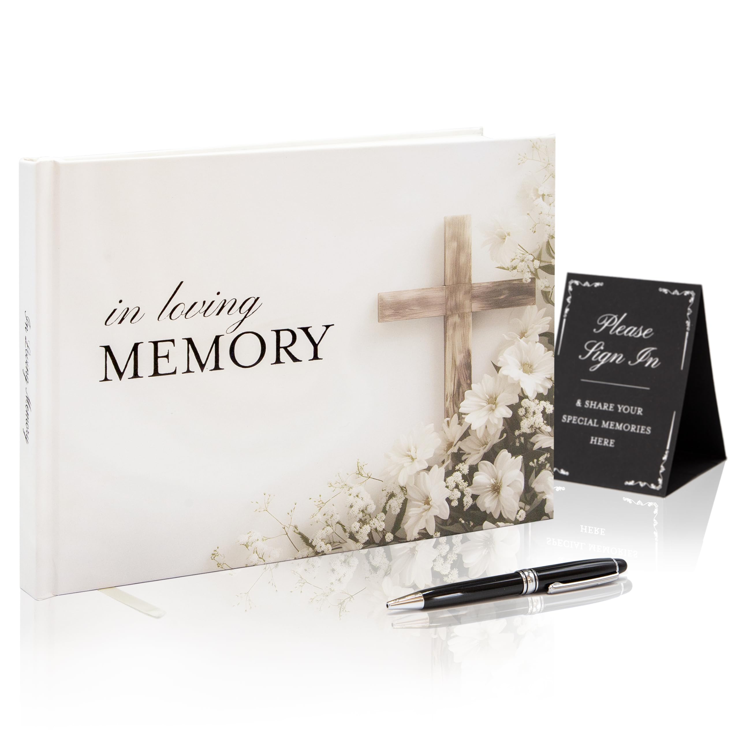 Kreuz Hardcover Beerdigung Gästebuch – 24,1 x 17,8 cm Feier des Lebens Gästebuch für Gedenkdienst mit 12,7 x 17,8 cm Papierschild, Stift, schwarze Foto-Eckaufkleber