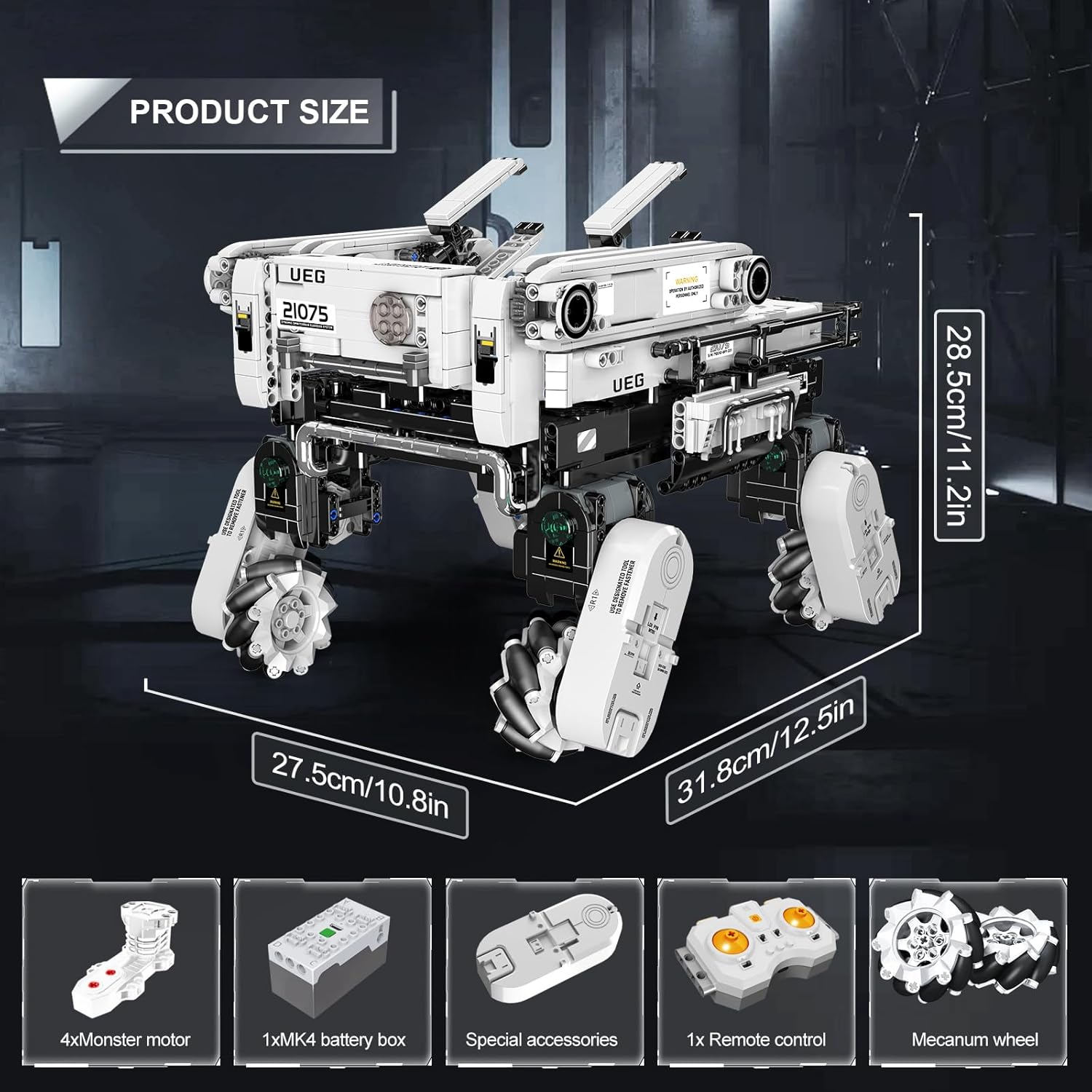 Image showing the Mould King 21075 Robot Dog's dimensions and key components: 4x Monster motor, 1x MK4 battery box, special accessories, 1x Remote control, and Mecanum wheels.