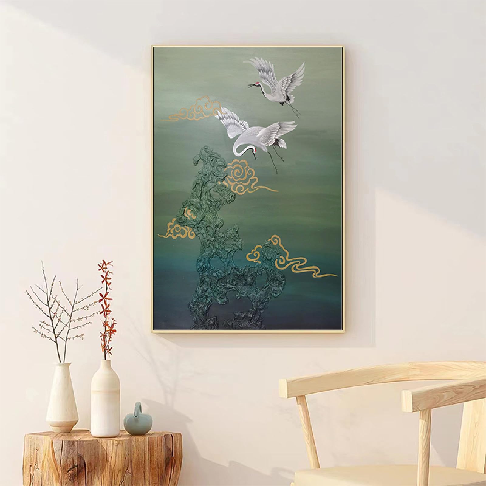 Peinture à l'huile grue de style chinois, grande toile fait main