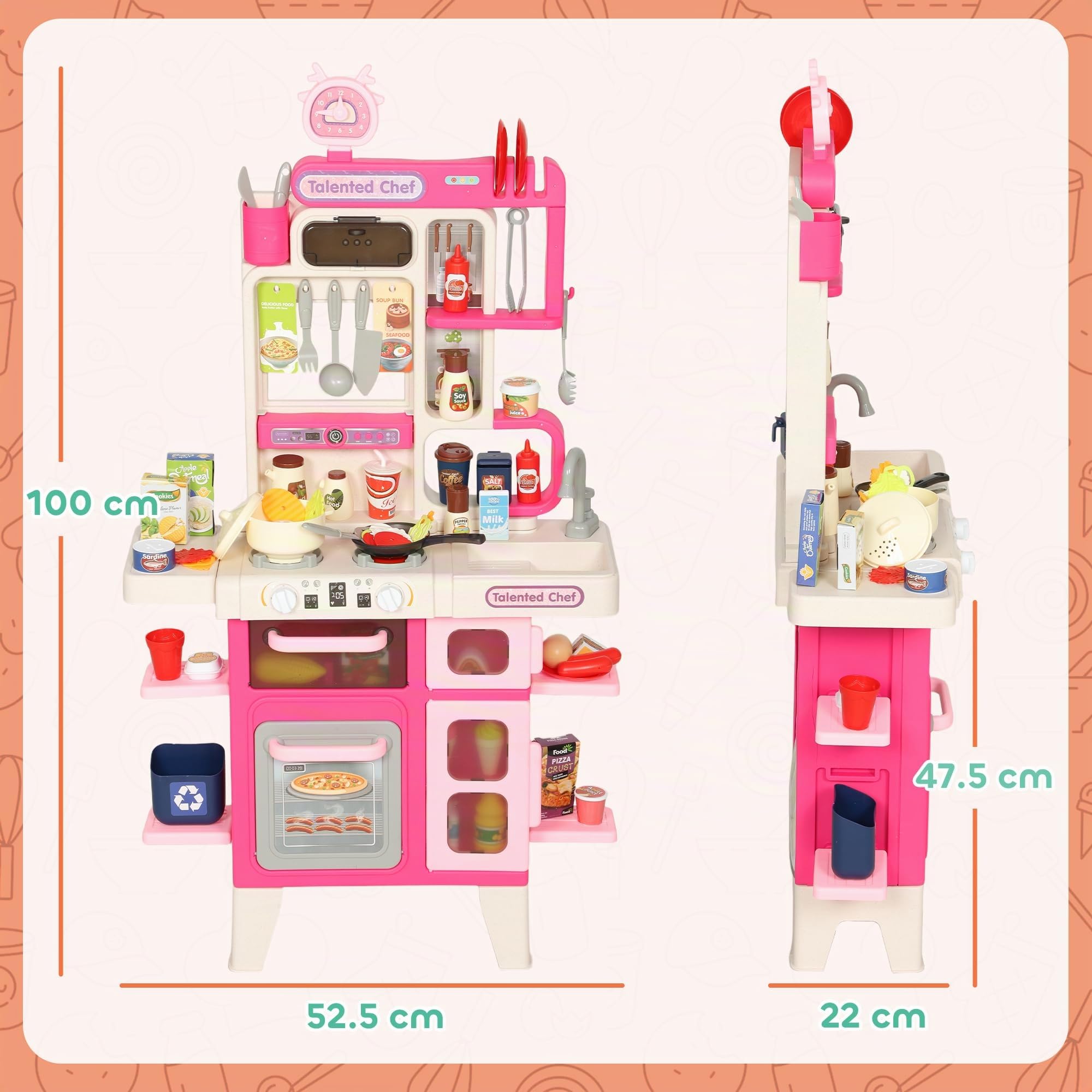 AIYAPLAY Cucina Giocattolo con 104 Accessori 3-6 Anni 52.5x22x100 cm Rosa | Suoni Realistici, Gioco per Bambini, in PP, PE e ABS