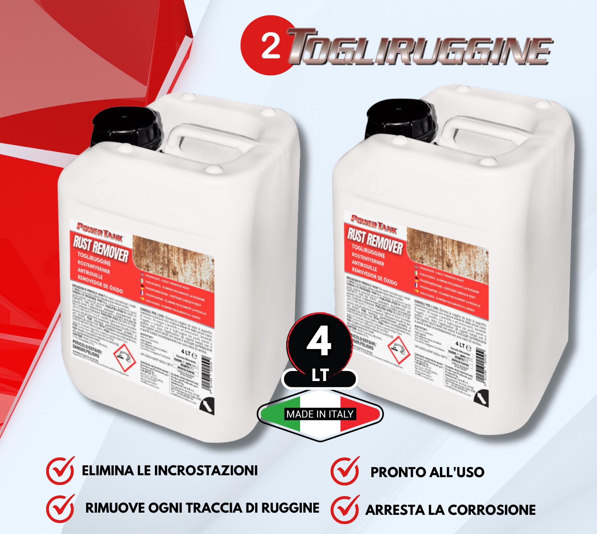 2 Togli Ruggine 4 Litri Potente Antiruggine Convertitore Ruggine con Acido Fosforico Rimuovi Elimina Sciogli Ruggine dal Metallo Antiruggine Convertiruggine per Ferro Rust Remover Auto Moto