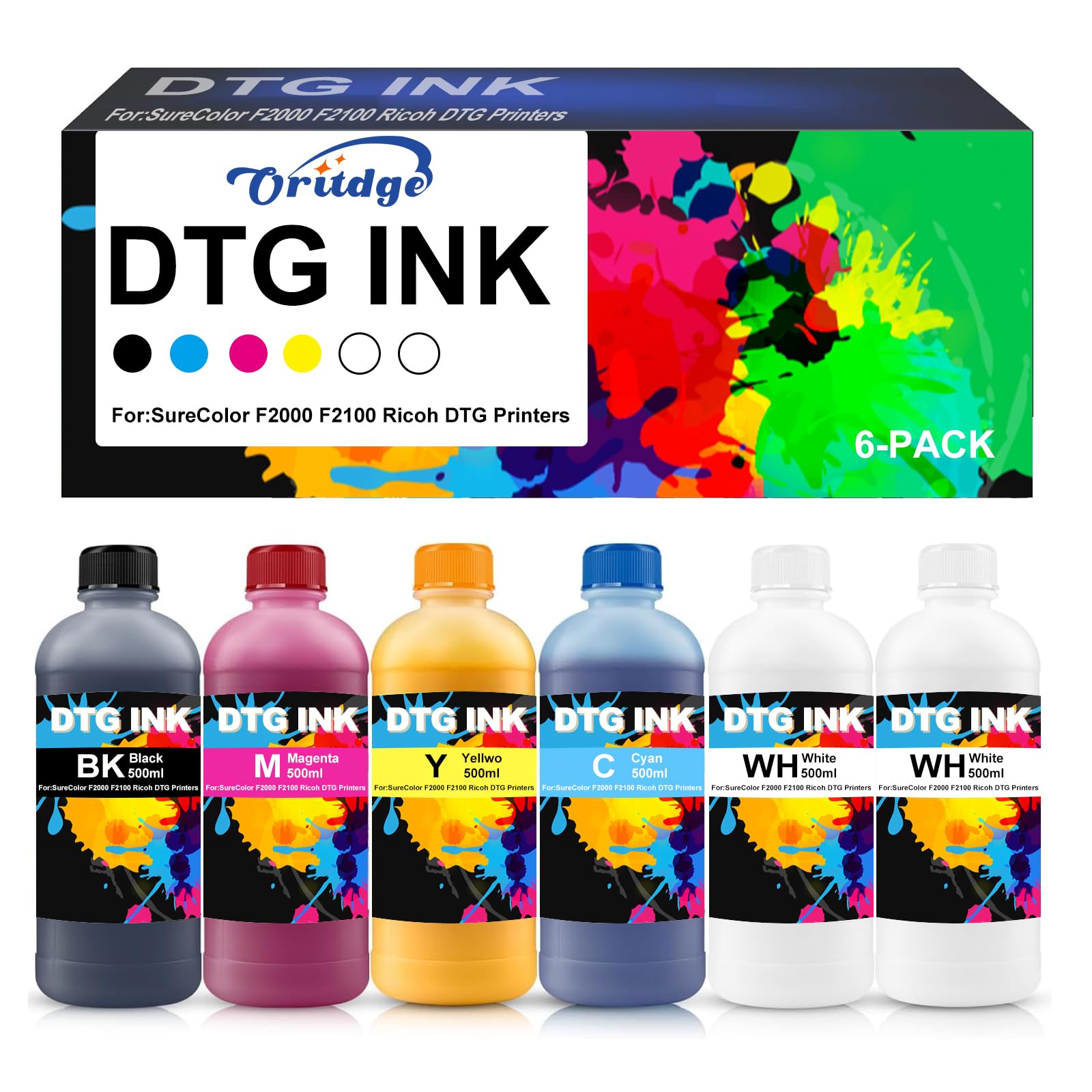 DTG Tinte 500ml, DTG Ink Direct to Garment Printing Ink für Textilien Kompatibel mit SureColor F2000, F2100, P600, P800 DTG Drucker und alle Epson Druckkopf DTG Drucker(2W+1B+1C+1M+1Y)