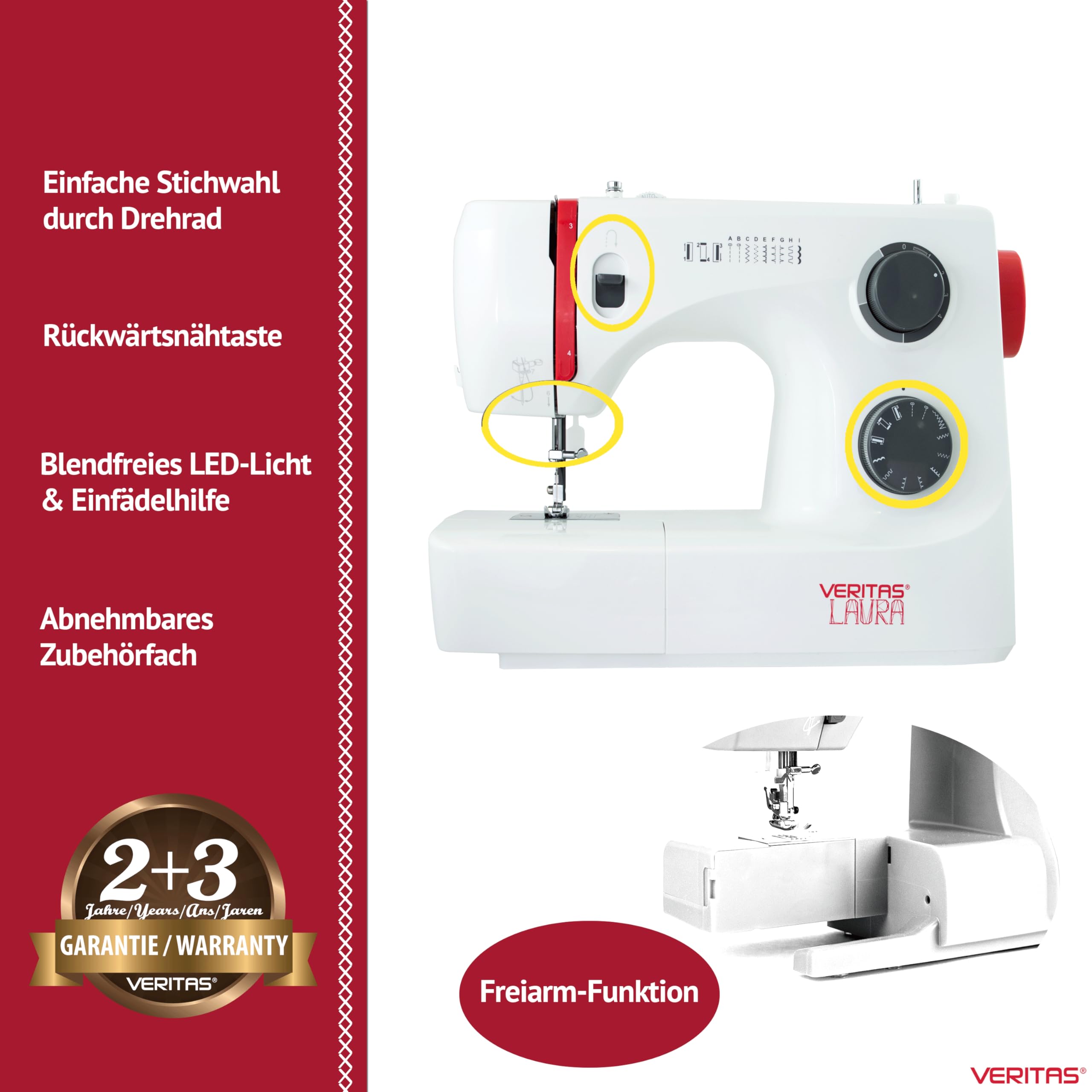 VERITAS Nähmaschine Laura I 9 Stichprogramme I Einfädelhilfe I Auto-Fadenspannung & Fadenabschneider I Einstellbare Stichlänge I LED-Nählicht