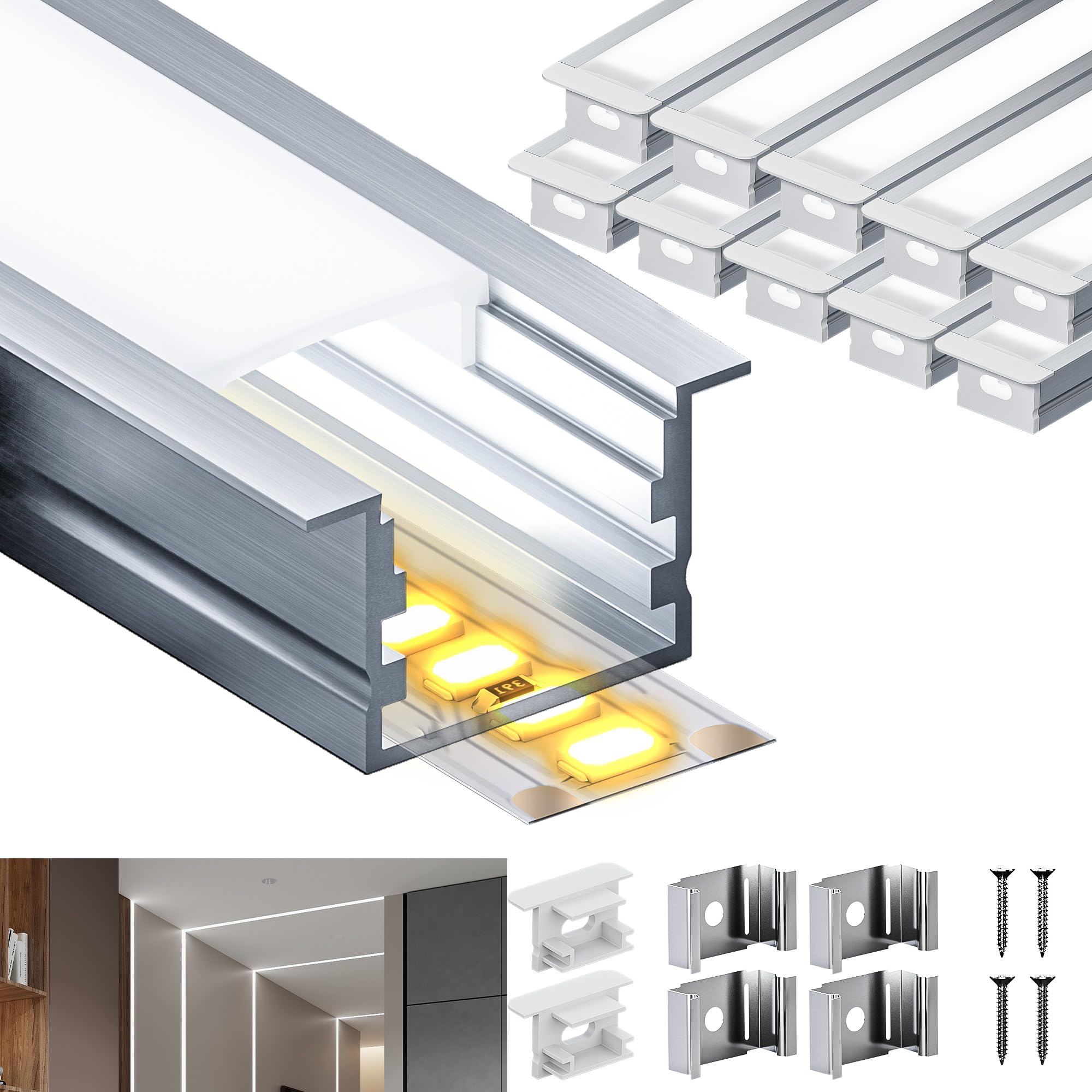 LED profil für 12mm LED-Streifen, schiene 10x2m Aluminium U profil aluminium, mit 10 Diffusorabdeckungen, 20 Endkappen und 40 Halterungen für indirekte Beleuchtung