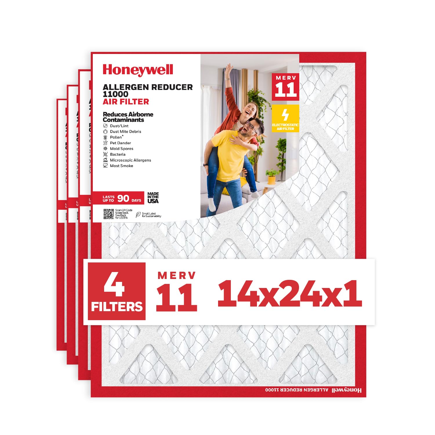 Honeywell 14x24x1 MERV 11 Allergen Reducer 11000 Electrostatic Pleated HVAC AC Furnace Air Filter (4-Pack) | Replacement Filter for Home Use | Made in USA