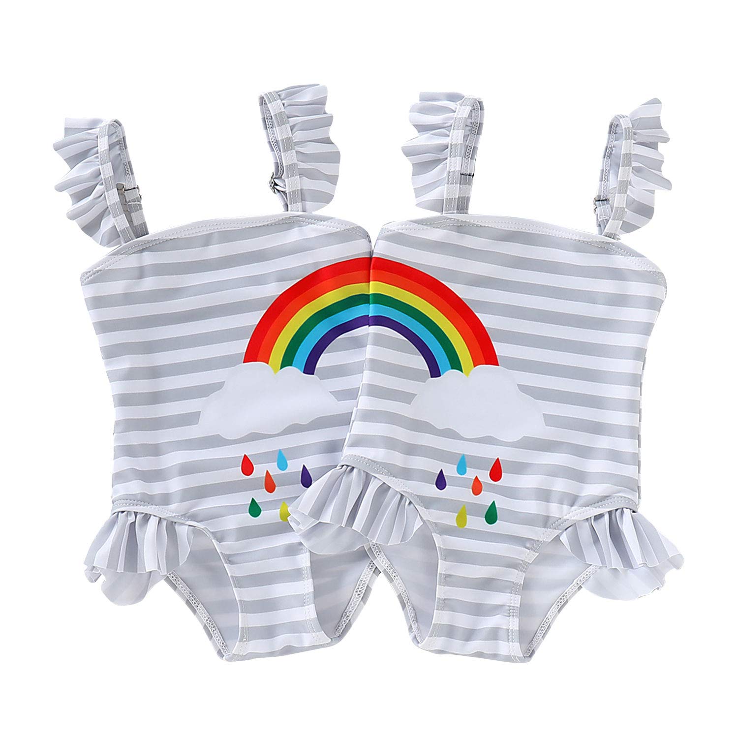 DEFAHN Toddler Baby Girls Swimsuit One-Piece Swimwear Rainbow Stripe Ruffle Bathing Suit Bikini for Twins, 2 Pack