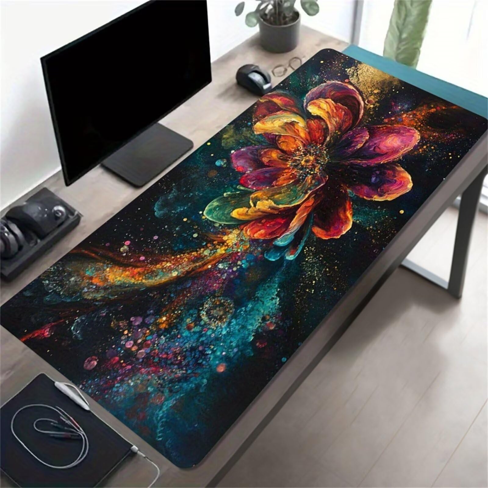 Tappetino per Mouse da Gioco XXL 1200x600x3 mm, Desk Pad Grande con Bordi Cuciti, Base in Gomma Antiscivolo, Accessorio per Ufficio e PC (Pittura Astratta Acquerello)