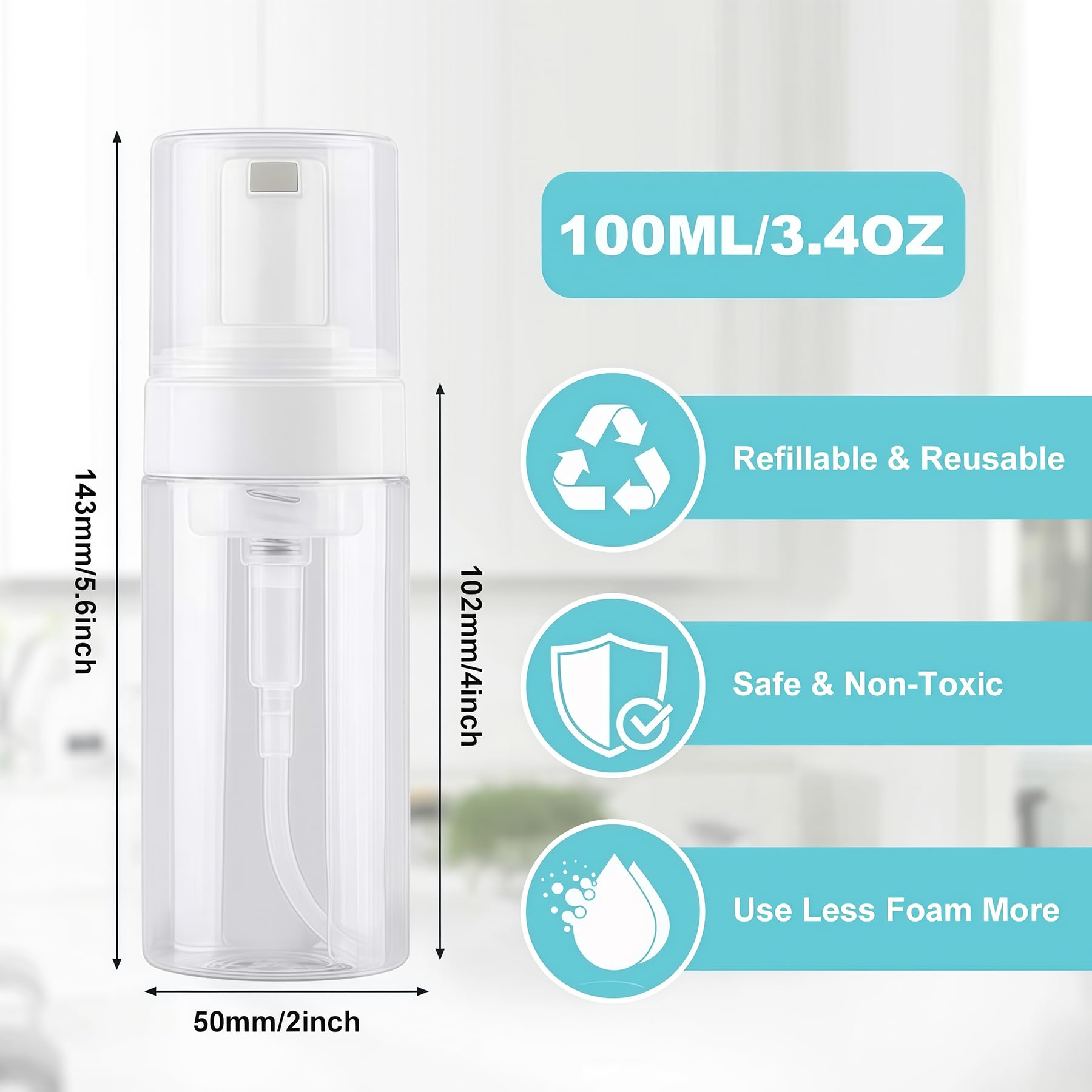 3 flaconi vuoti da 100 ml, in plastica trasparente, ricaricabili, dispenser di sapone in schiuma, contenitori per cosmetici, sapone per le mani, shampoo