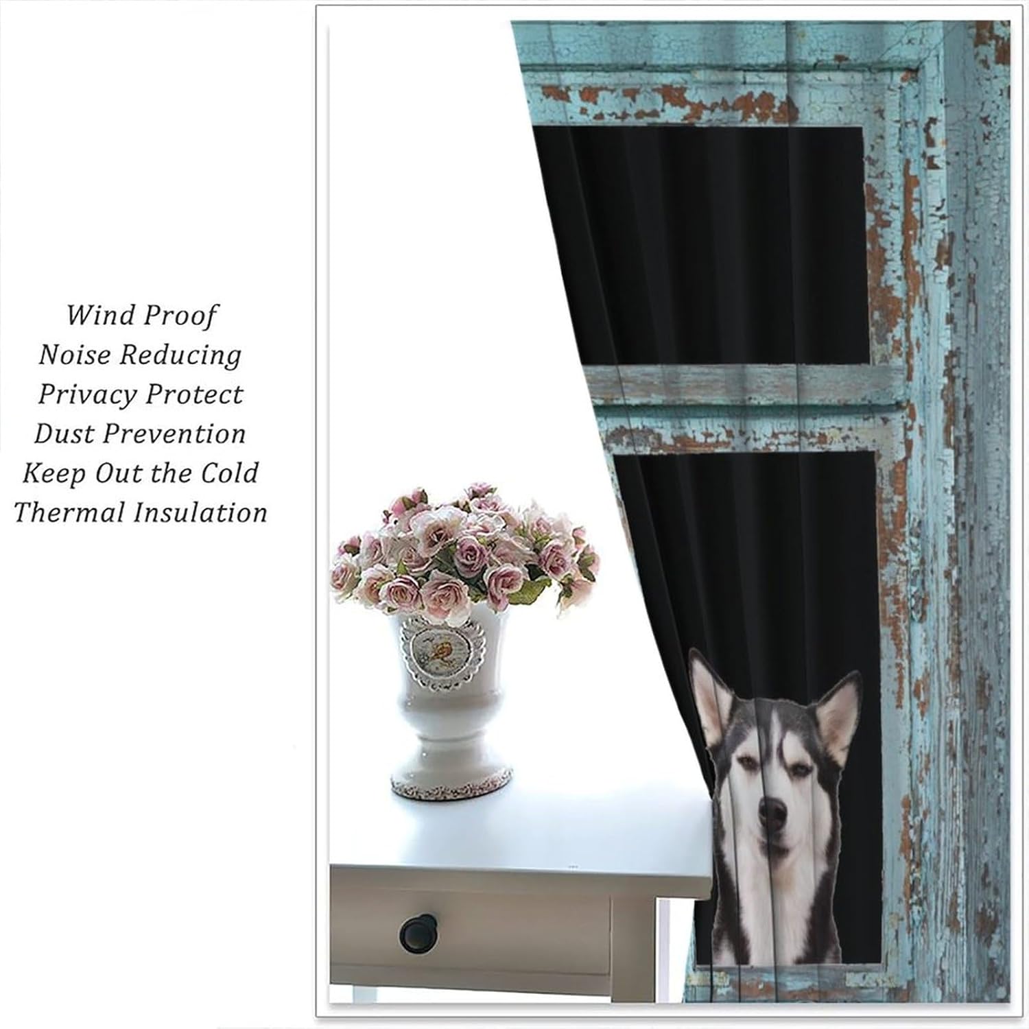 Funny Dog Curtain Cute Animal Rustic Farmhouse Wooden Country Pet Lover Husky Printed Rod Pocket Blackout Window Treatments for Bedroom Living Room 42" W X 45" L