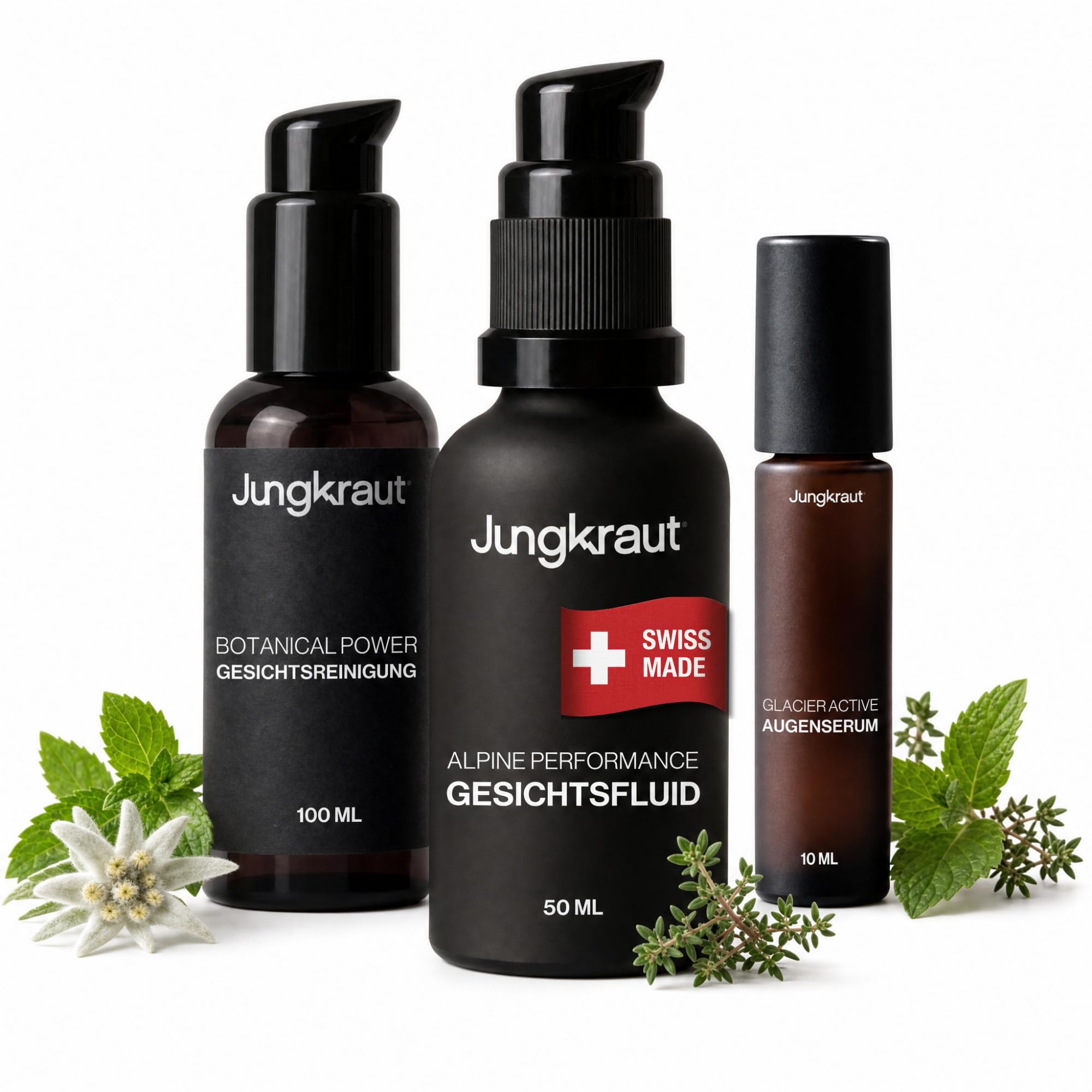 Gesichtspflegeset für Männer, Schnelle Gesichtspflege mit Reinigungsgel, Feuchtigkeitscreme und Serum, spendet Feuchtigkeit, gegen fettige Haut, Anti-Aging Effekt, natürlich, aus der Schweiz