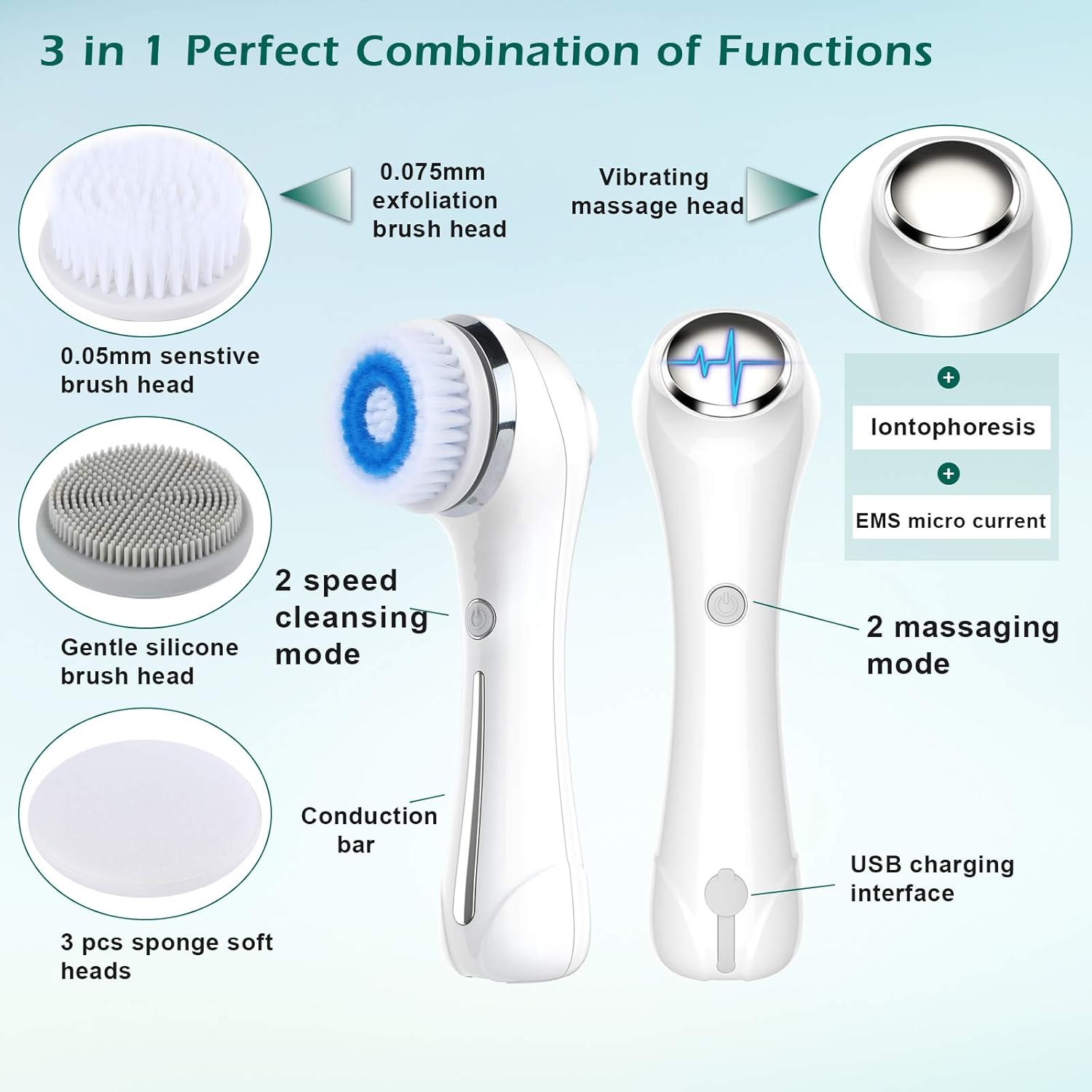 Facial Cleansing Brush for Exfoliating Waterproof: IPX7 3-in-1 EMS & ION Facial Massager for Lifting and Massaging, Rechargeable Electric Spin Face Brush Face Scrubber with 6 Brush Head Replacements: Beauty