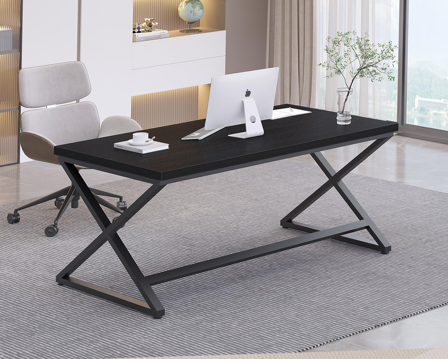 IBF Schwarz Schreibtisch Eiche PC Tisch Gaming Moderner Bürotisch 152 cm | Computertisch Bürotisch Schreibtisch klein aus Holz Eiche für Gaming PC Büro Homeoffice Arbeitszimmer