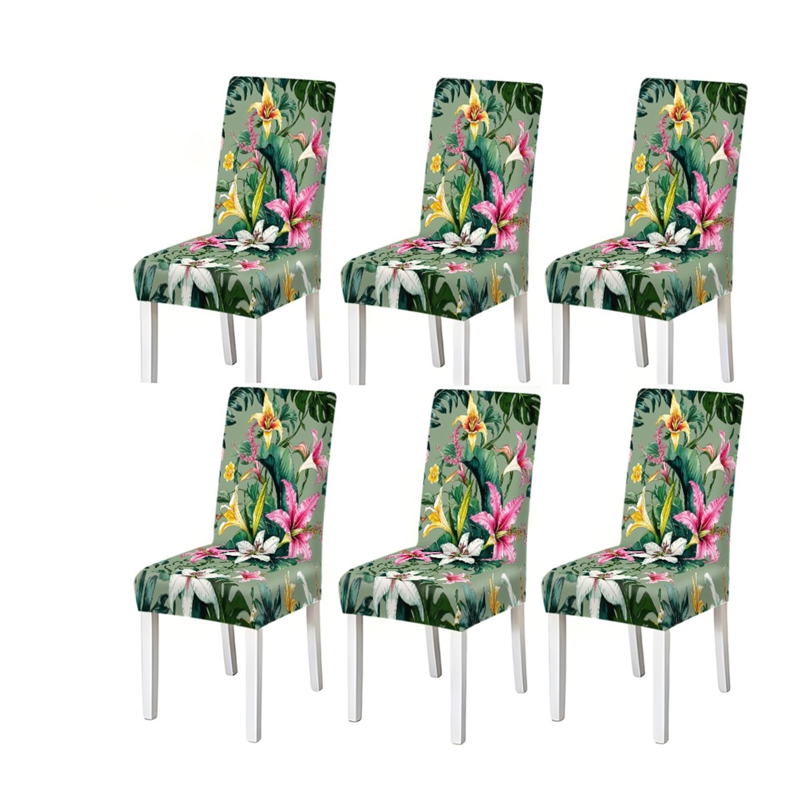 Bosuybn One Color Sage Green Tropical Lily Monstera Floral Print Dining Chair Covers, Stretch Slipcovers For Kitchen Dining Room Summer Party, 2/4/6Pcs Furniture Protectors For Home Dining Room(6Pcschair Cover)