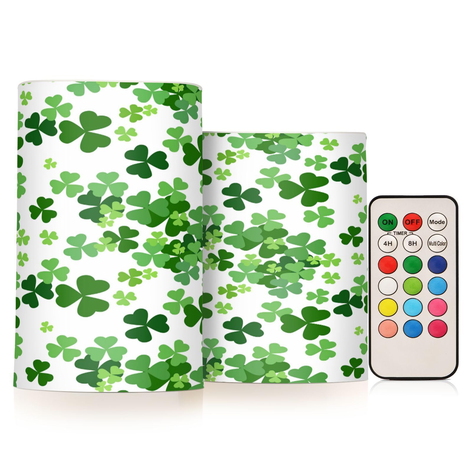 ALAZA Lucky Clover Shamrocks Patrick's Day Flickering Flameless Candles Battery Operated with Remote Timer,Tea Light Candles LED Pillar Votive Candles Set of 2 for Outdoor Indoor Decorations3