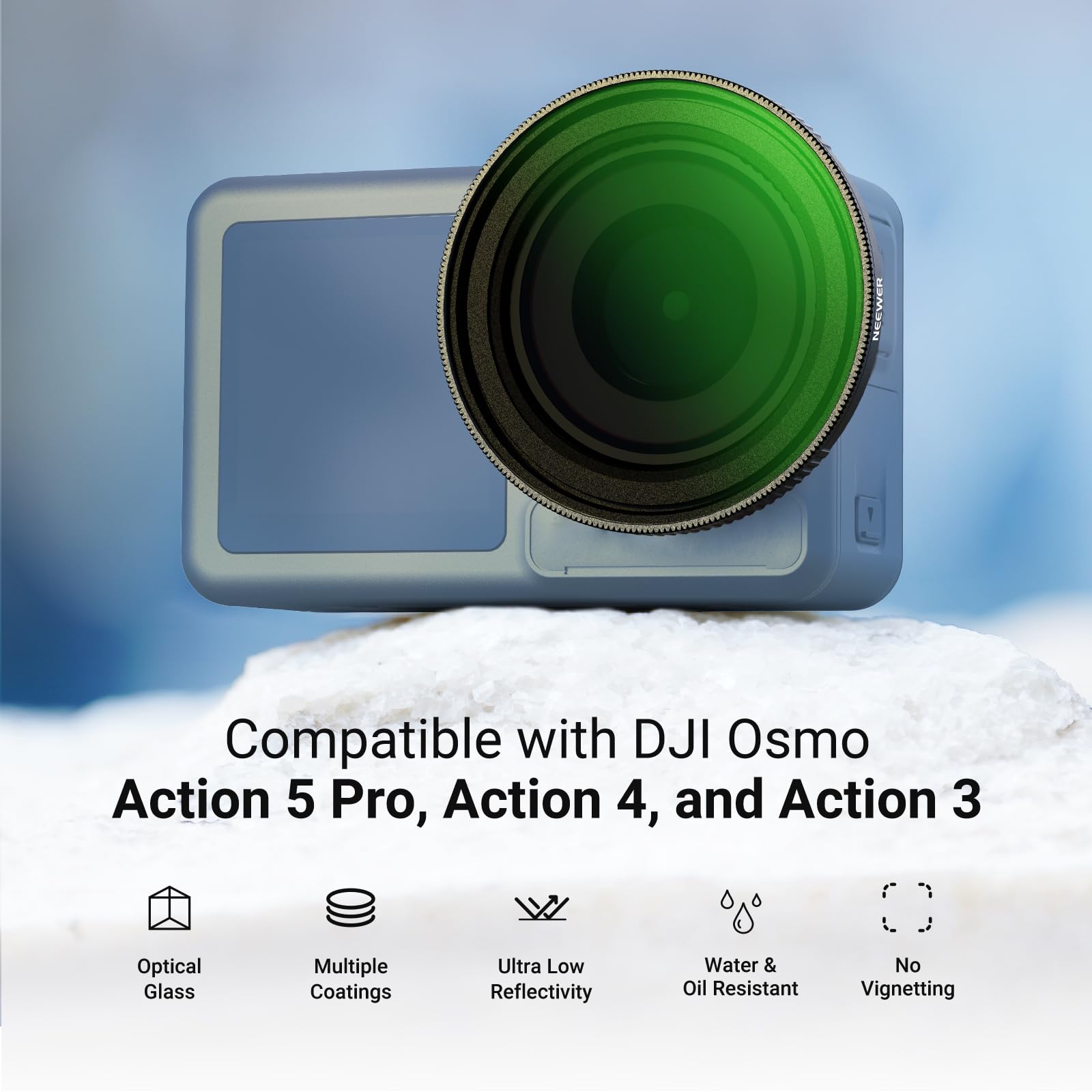 NEEWER Zmienny filtr ND kompatybilny z DJI Osmo Action 5 Pro/4/3, ND2-32, 1-5 Stop, Snap On, wielokrotnie ulepszone szkło optyczne HD, szary filtr, filtr obiektywu Action Cam, akcesoria fotograficzne
