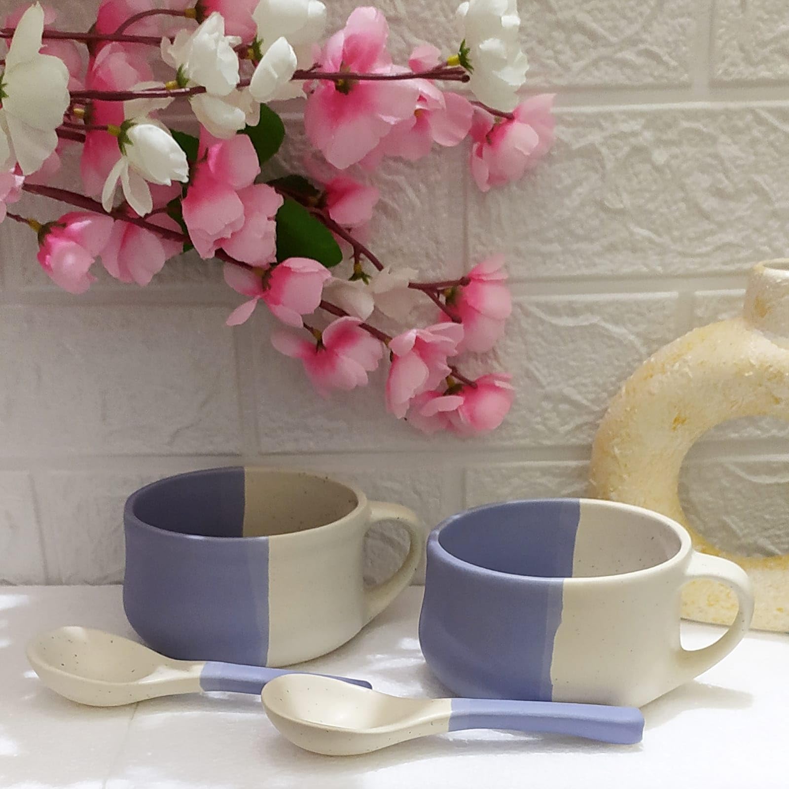 Aav World Ceramic Soup Bowl with Spoon/Soup Cups Microwave Safe & Dishwasher Safe Handpainted Soup Bowl Set with Spoon Set of 2 1