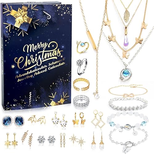 Calendario de Adviento de 2021 con joyería para adultos y niñas con pulseras con dije, collar, anillos y pendientes, calendario con cuenta regresiva