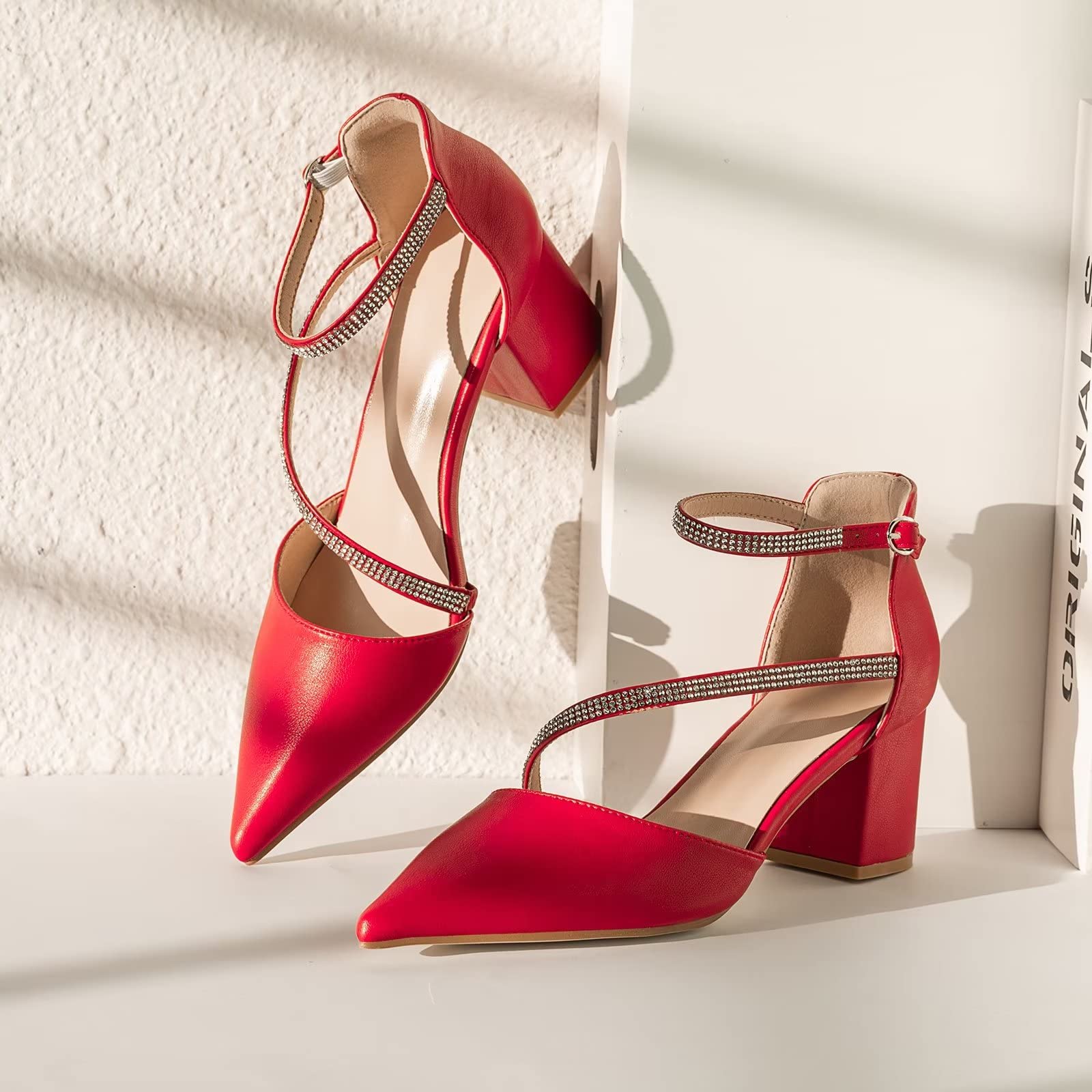 Frank Mully Women's Heel Pumps Close Toe Heels Low Block Chunky Pumps Shoes with Ankle Straps Wedding Party Dress Shoes Rhinestone