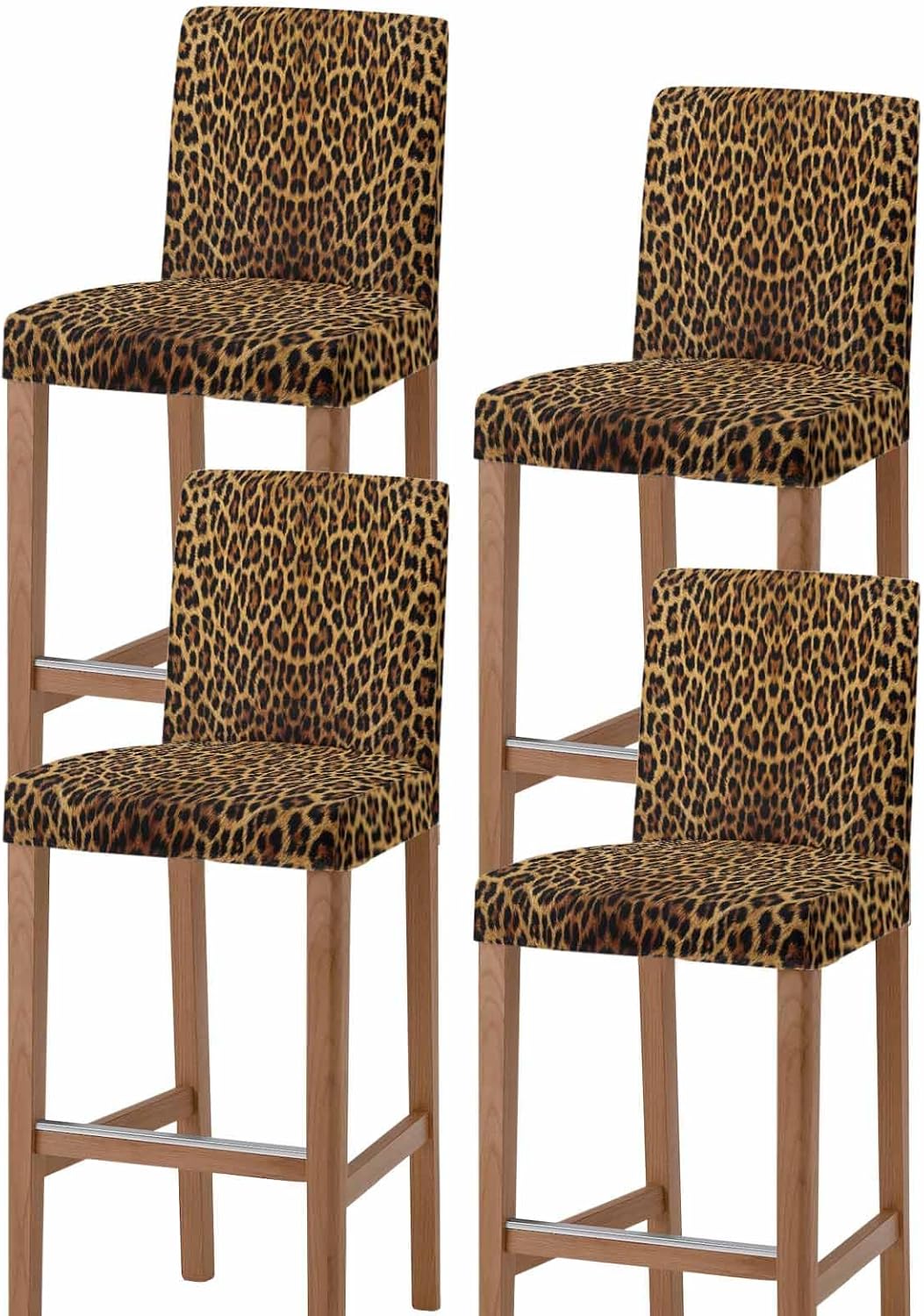 Bar Stool Cover with Back - Stretch Washable Chair Covers Leopard Print Chairs Slipcover for Kitchen Pub Dining Room Cafe, 4 Pack