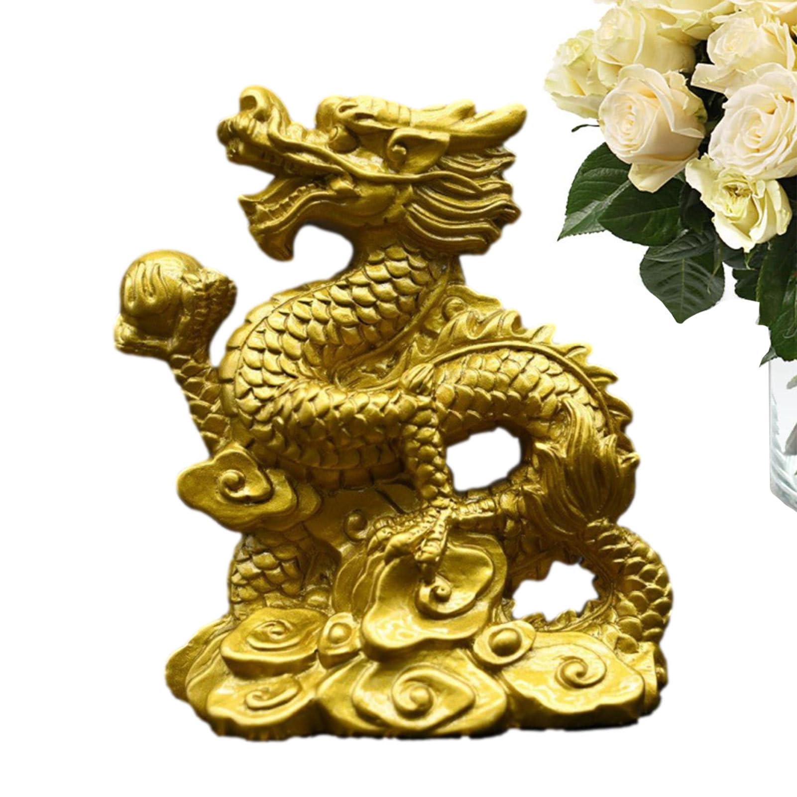 Fukamou Gold Resin Dragon Decor | Feng Shui Wealth Prosperity Statue - Year Dragon Sculpture, Green Dragon Sculptures, Chinese Feng Shui Dragon Collectibles, Desktop Decoration
