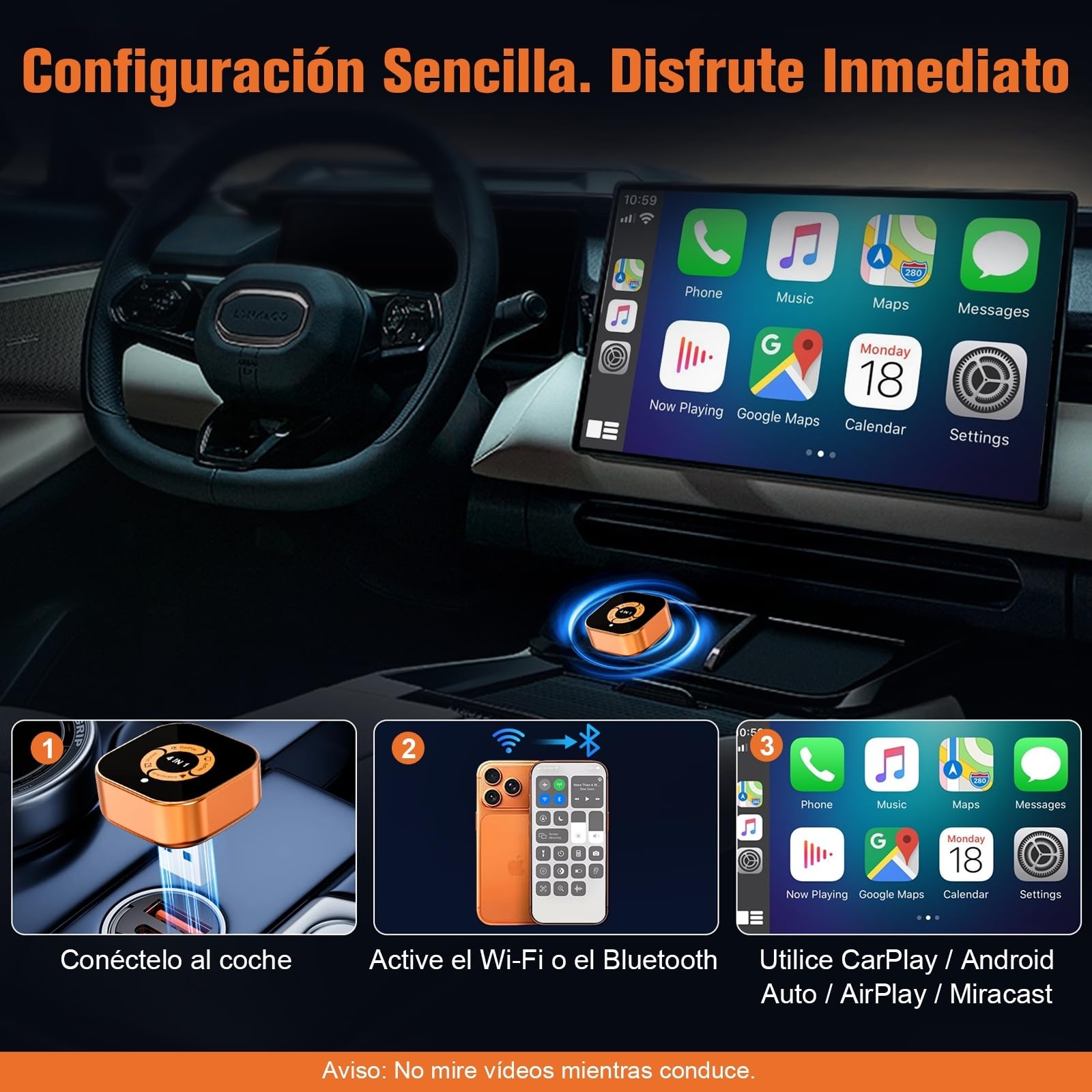Adaptador CarPlay Inalámbrico 4 en 1: CarPlay Sin Cables y Android Auto Wireless AirPlay y Miracast - WiFi Doble Banda 2,4/5 GHz - Conexión Automática Plug & Play para Coches con CarPlay por Cable