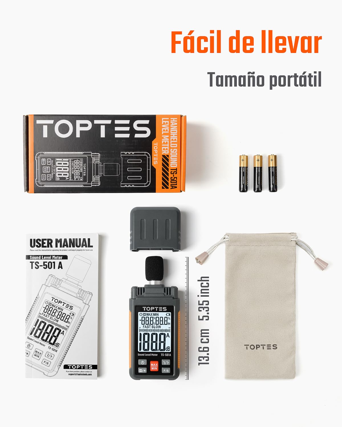 Sonometro, Medidor de decibelios TopTes TS-501A retroiluminación LCD de 2,25 pulgadas, ponderado para A, rango de 30 a 130 dB, vecino ruidoso, valor máximo/mínimo, fábrica - naranja