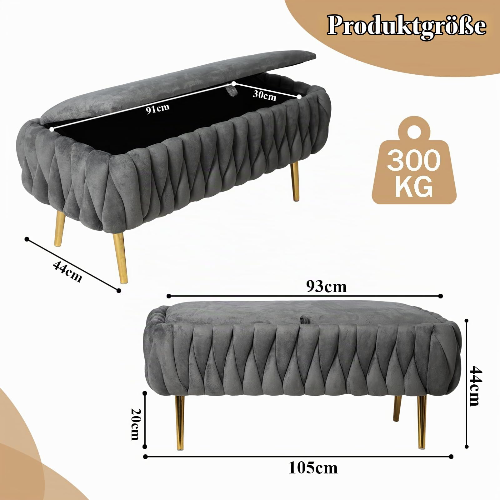 Sitzbank mit Stauraum, Aufbewahrungsbank, Samt Bettbank mit Metallbeinen, Polsterbank Hockerbank für Wohnzimmer, Schlafzimmer, Flur, bis 300 kg Belastbar, 105 x 20 x 44cm (Grau)