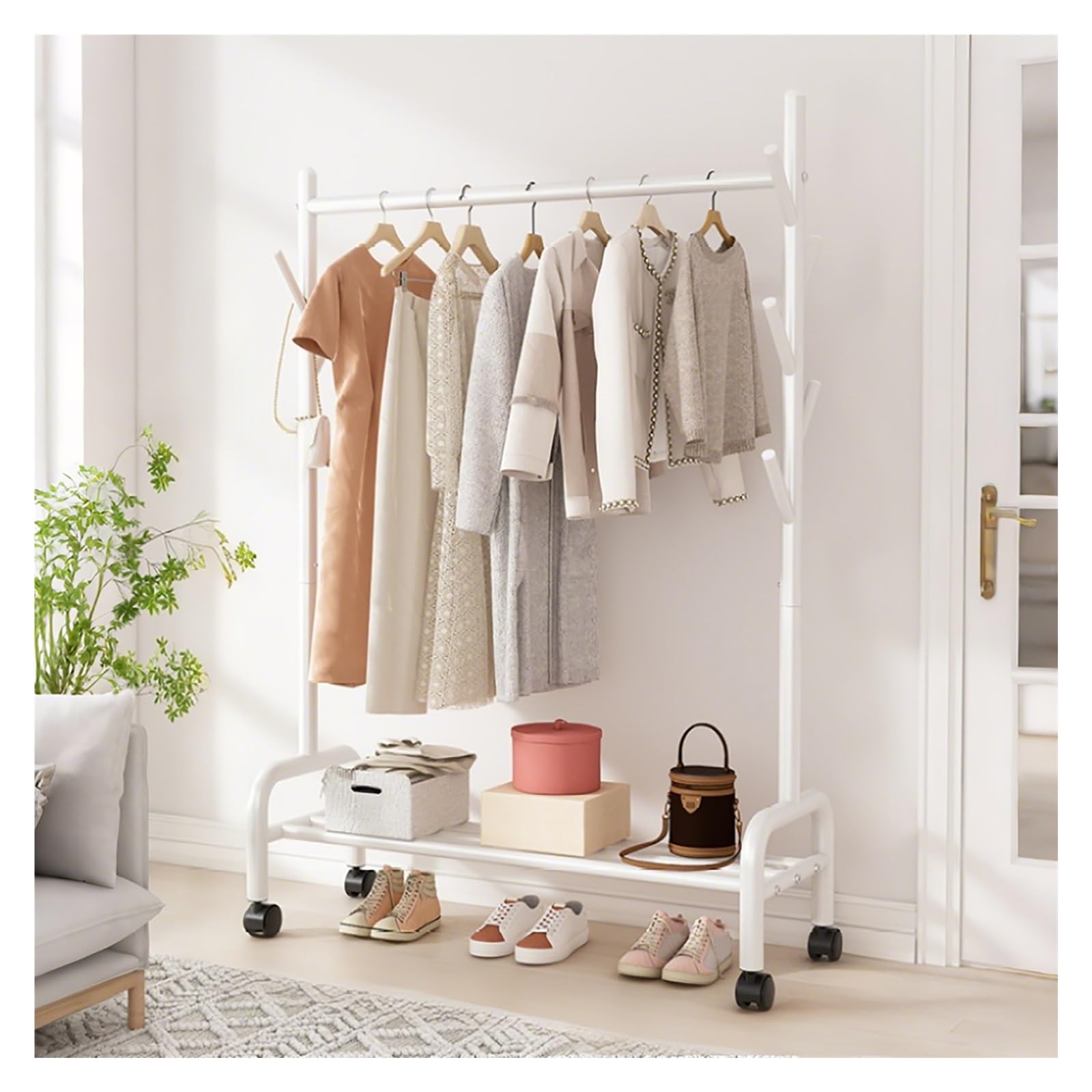 Lshtshf-ou Clothes Rack For Hanging With Wheels Metal Garment With Shelf Portable Rolling Wardrobe Racks For Bedroom Laundry(White,60cm/23.6in)