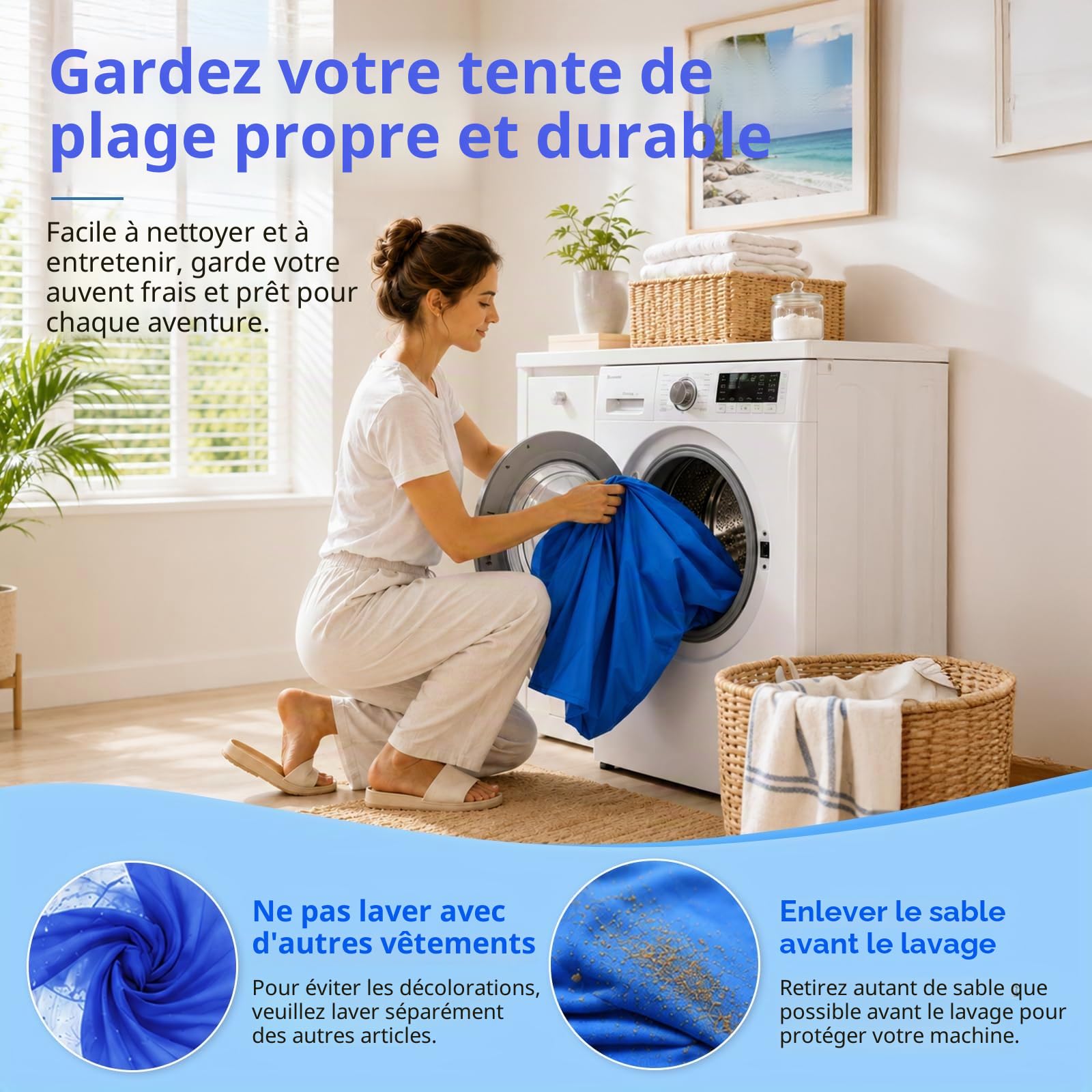 Tente de Plage, abri Solaire UPF50+ avec Tapis de Plage, 6.5x6.5FT, Facile à Monter, avec Sac de Transport et Cordes Coupe-Vent, pour Camping, pêche, Jardin et Pique-niques, Bleu foncé
