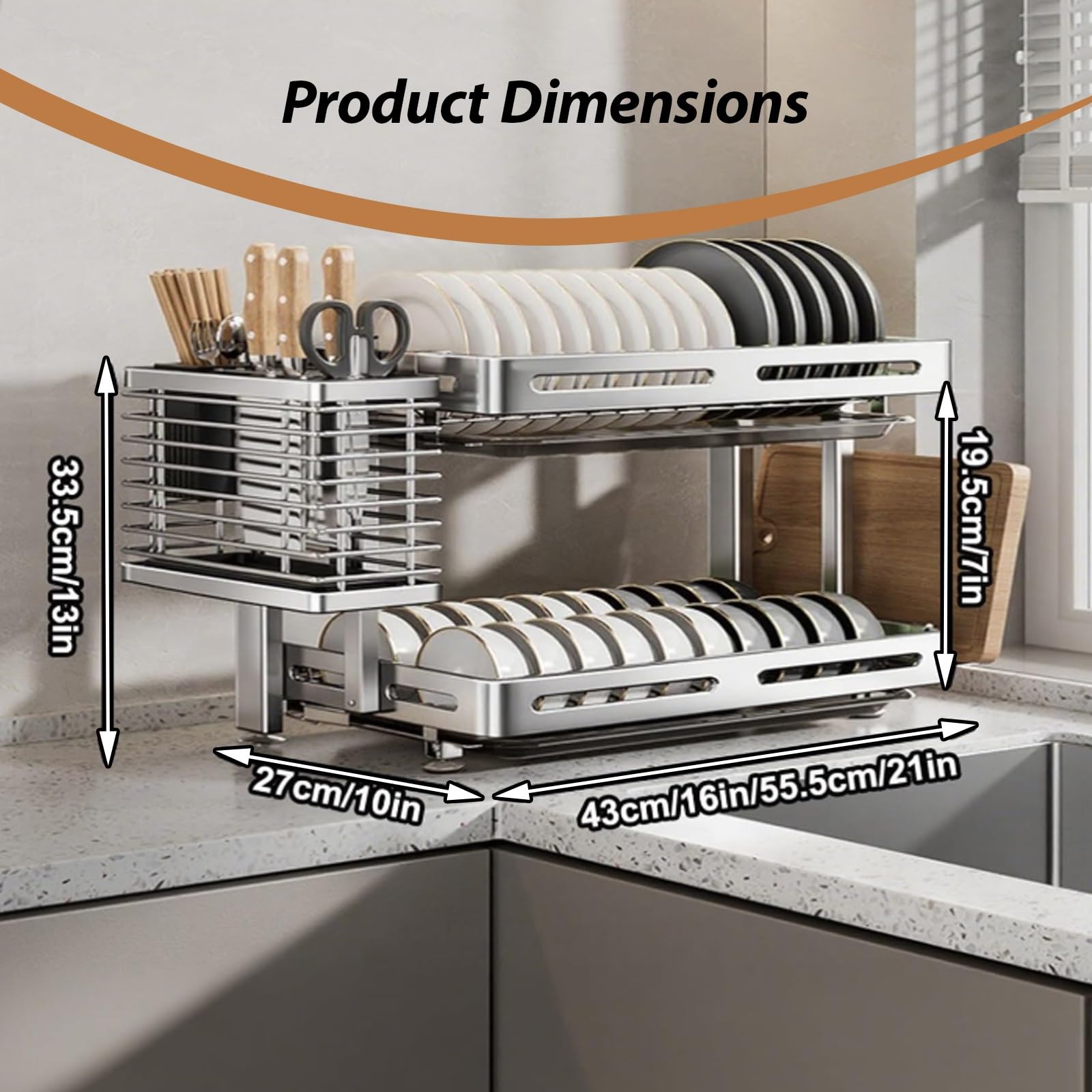 Escurridor Multifuncional de Gran Capacidad, Fabricado en Acero Inoxidable 304, con Soporte Plegable para Palillos, Cuencos y Platos; Ideal para secar la vajilla. (Blanco, Doble Pared)