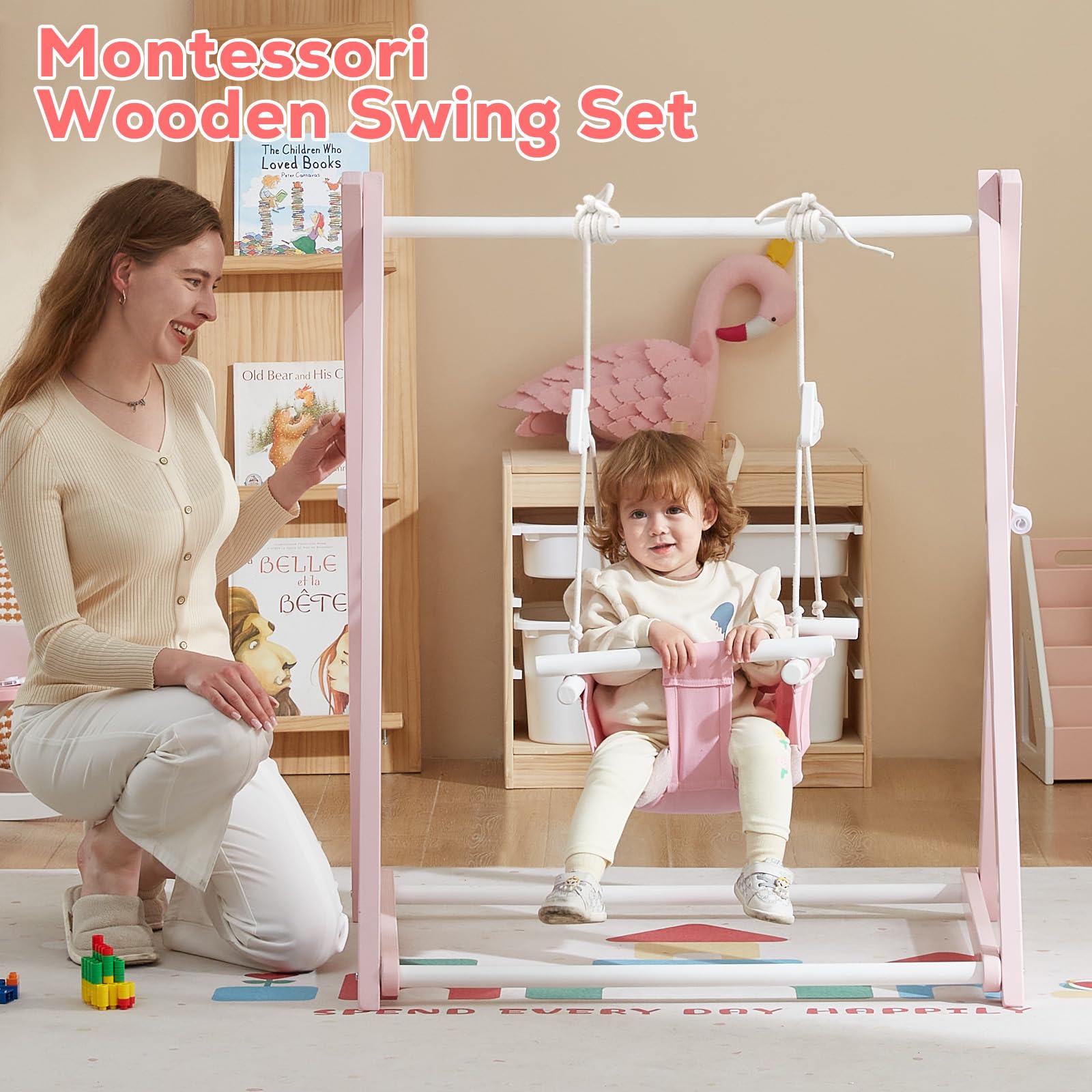 FUNLIO Columpio de Madera para niños de 6 a 36 Meses, Bebe Plegables con Pino Duradero, Columpio Portátil con 4 Sacos de Arena y Correas de Extensión para Interior/Exterior/Jardin - Rosa